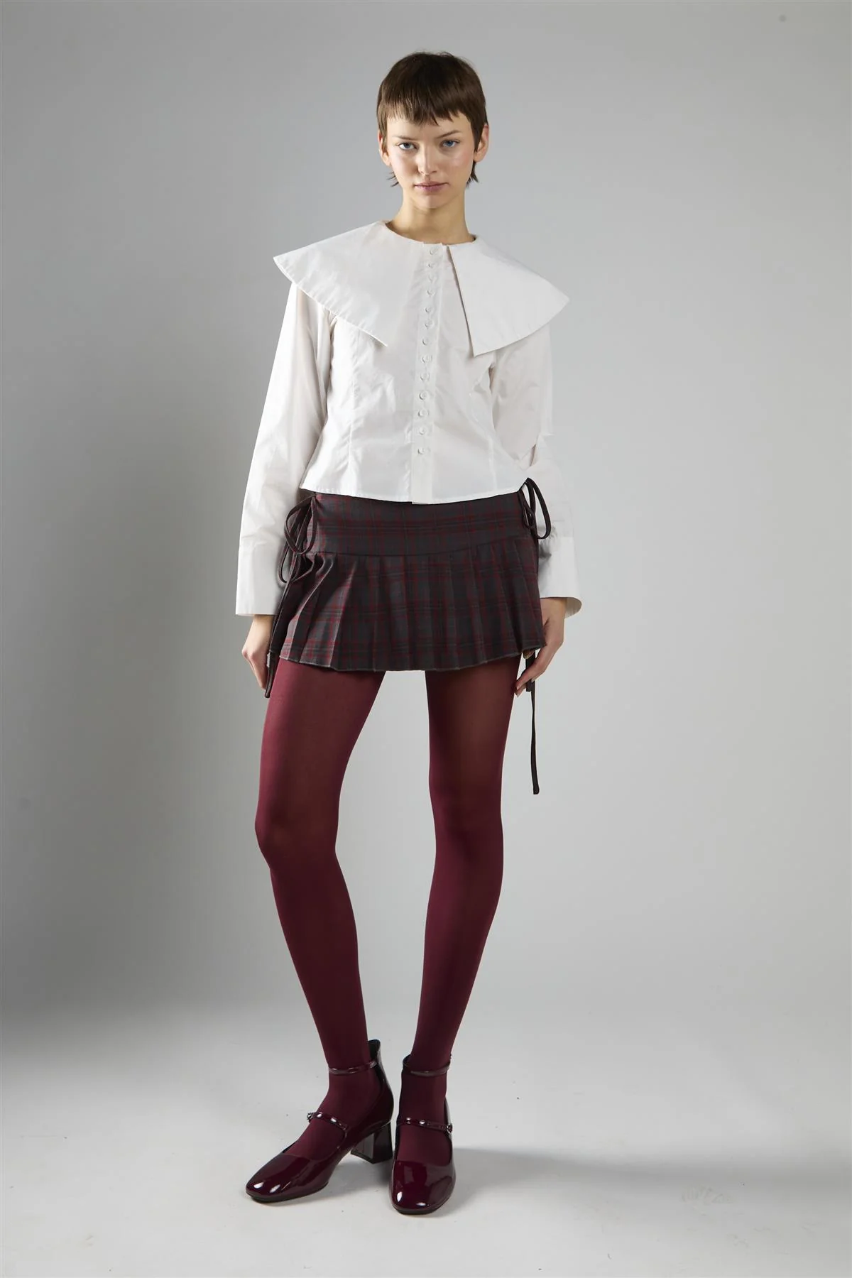 Grey Red Check Pleated Mini Skirt - Image 3