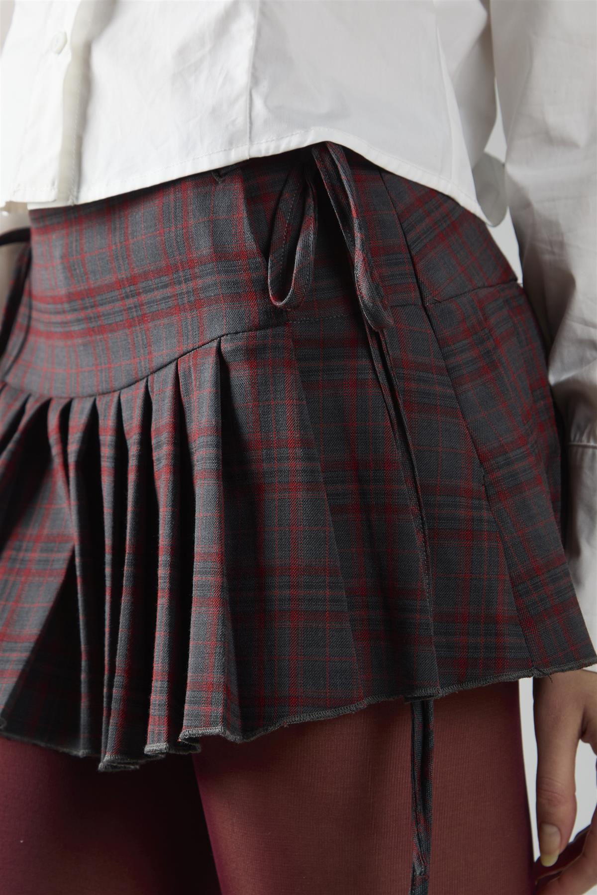 Grey Red Check Pleated Mini Skirt - Image 4