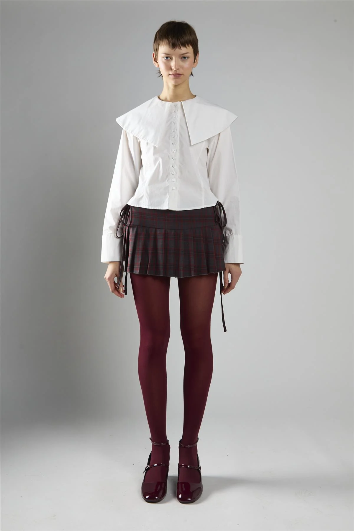 Grey Red Check Pleated Mini Skirt - Image 5