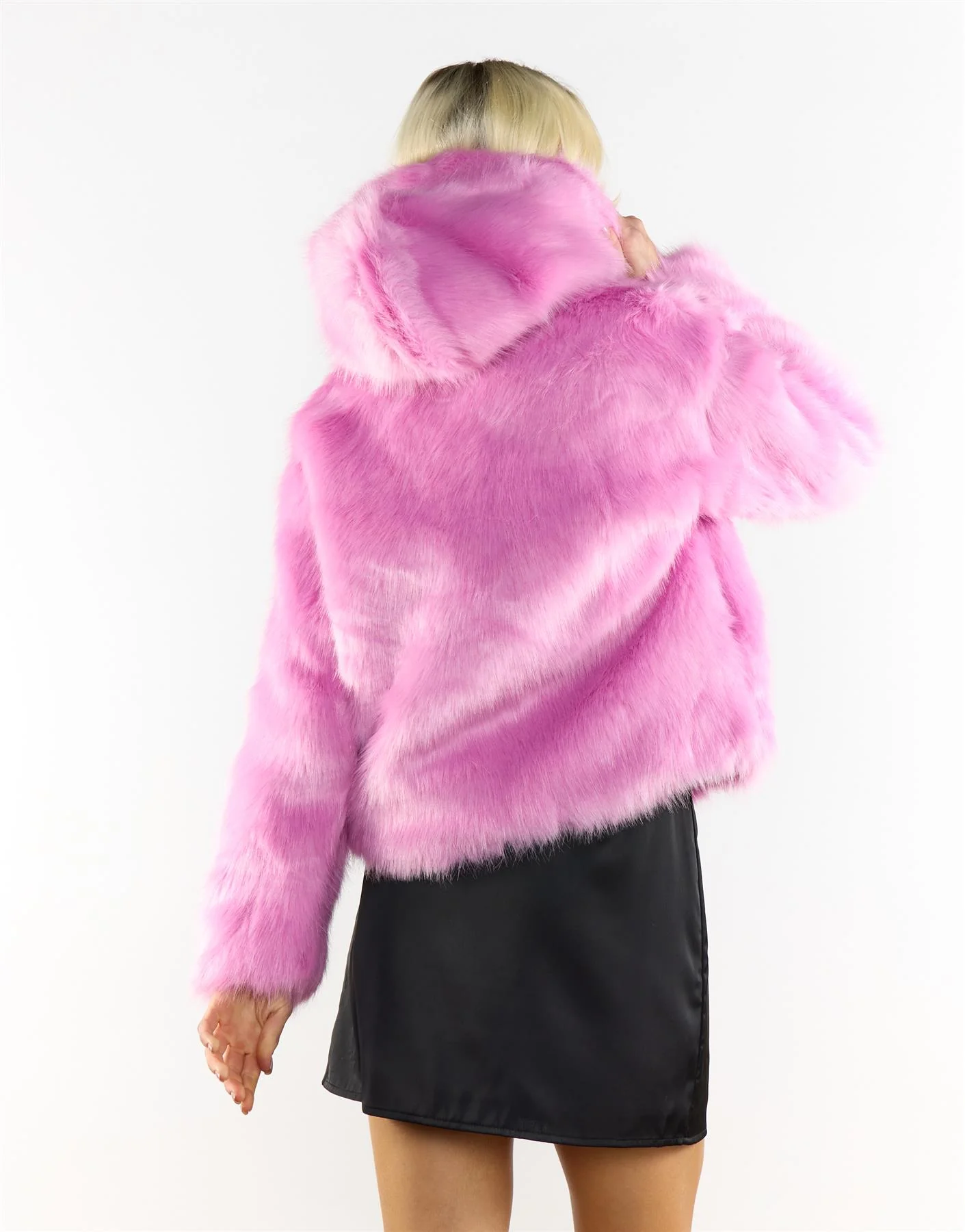 Hooded faux fur jacket in Candy Pink - Image 2