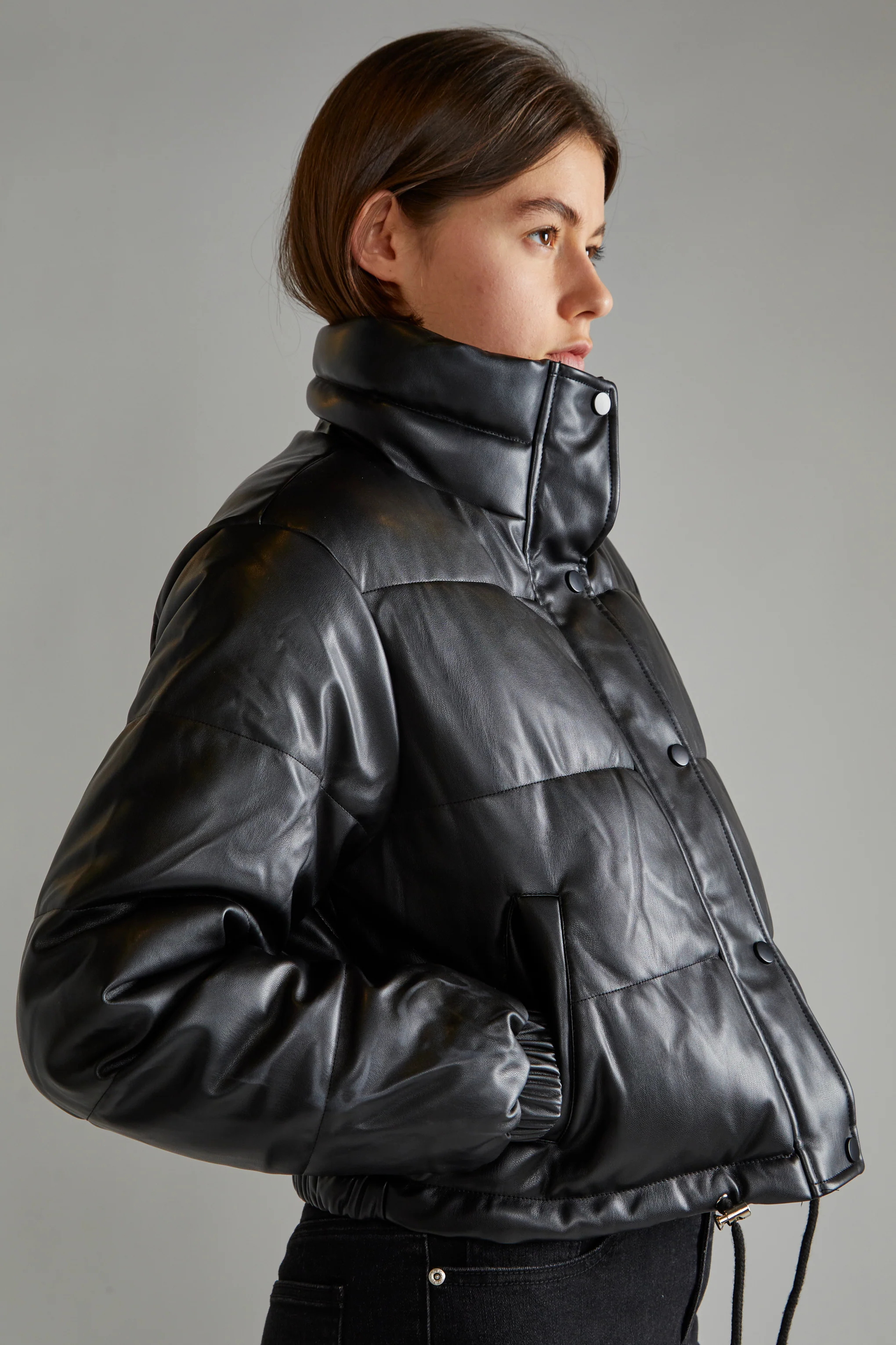 Black PU Puffer Cropped-Jacket - Image 3