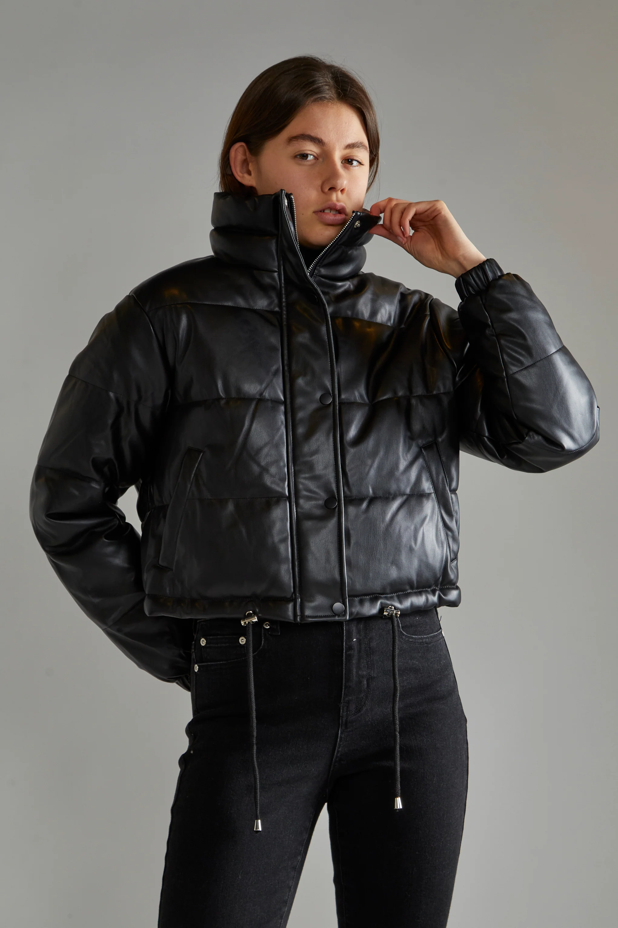 Black PU Puffer Cropped-Jacket - Image 4