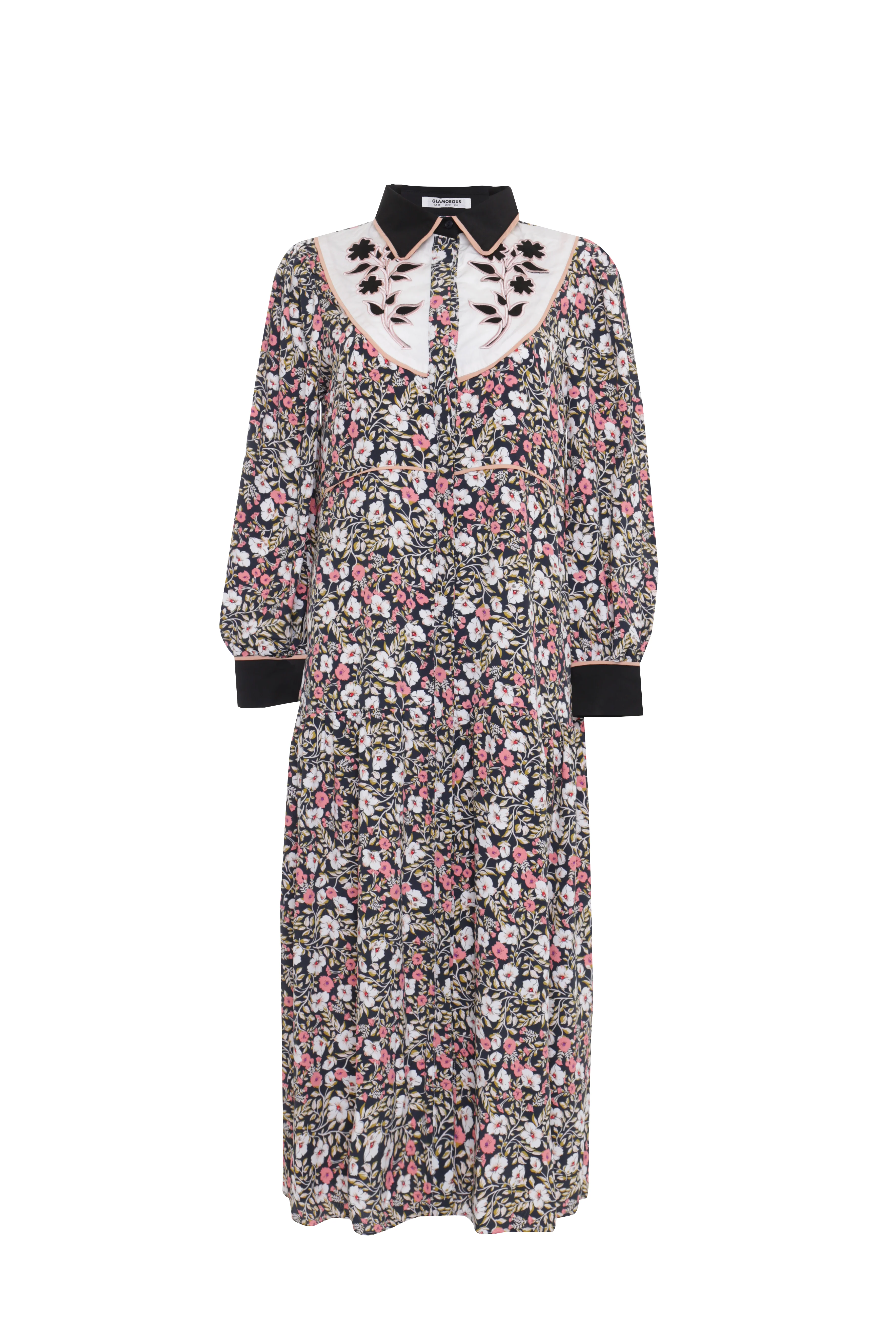 Glamorous Navy Folk Floral Black Collar Midi Dress - Image 4