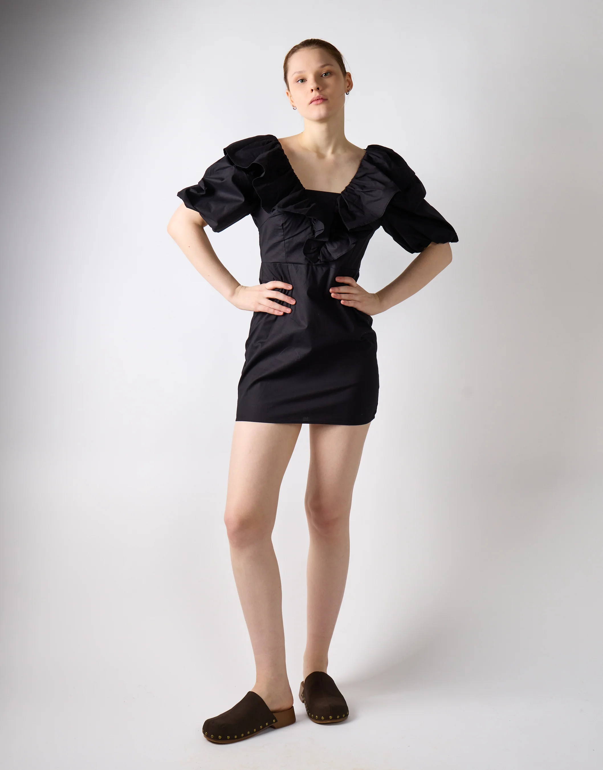 Glamorous Black Ruffle Puff Shoulder Mini Dress