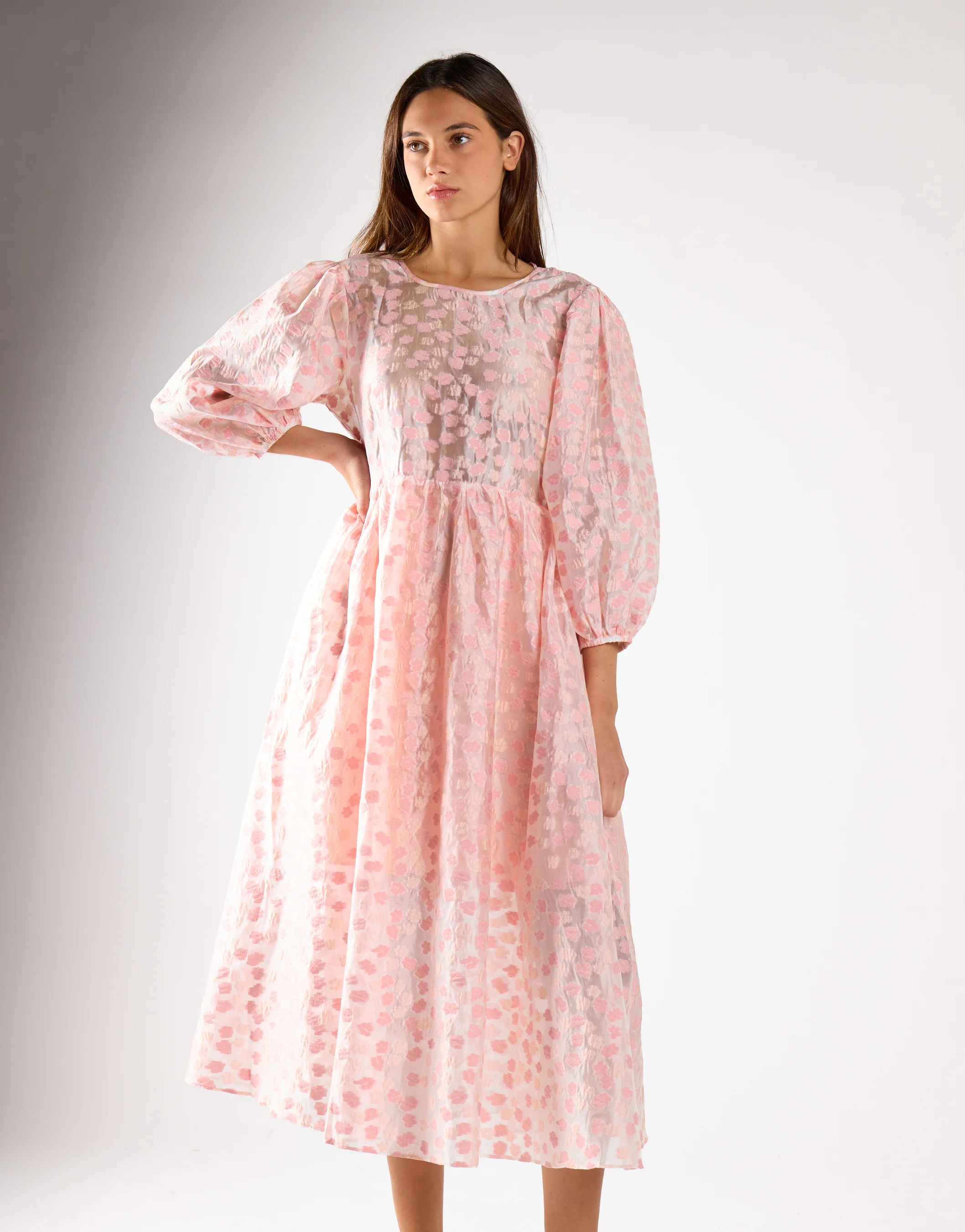 Pink Flower Organza Midi Dress - Image 3