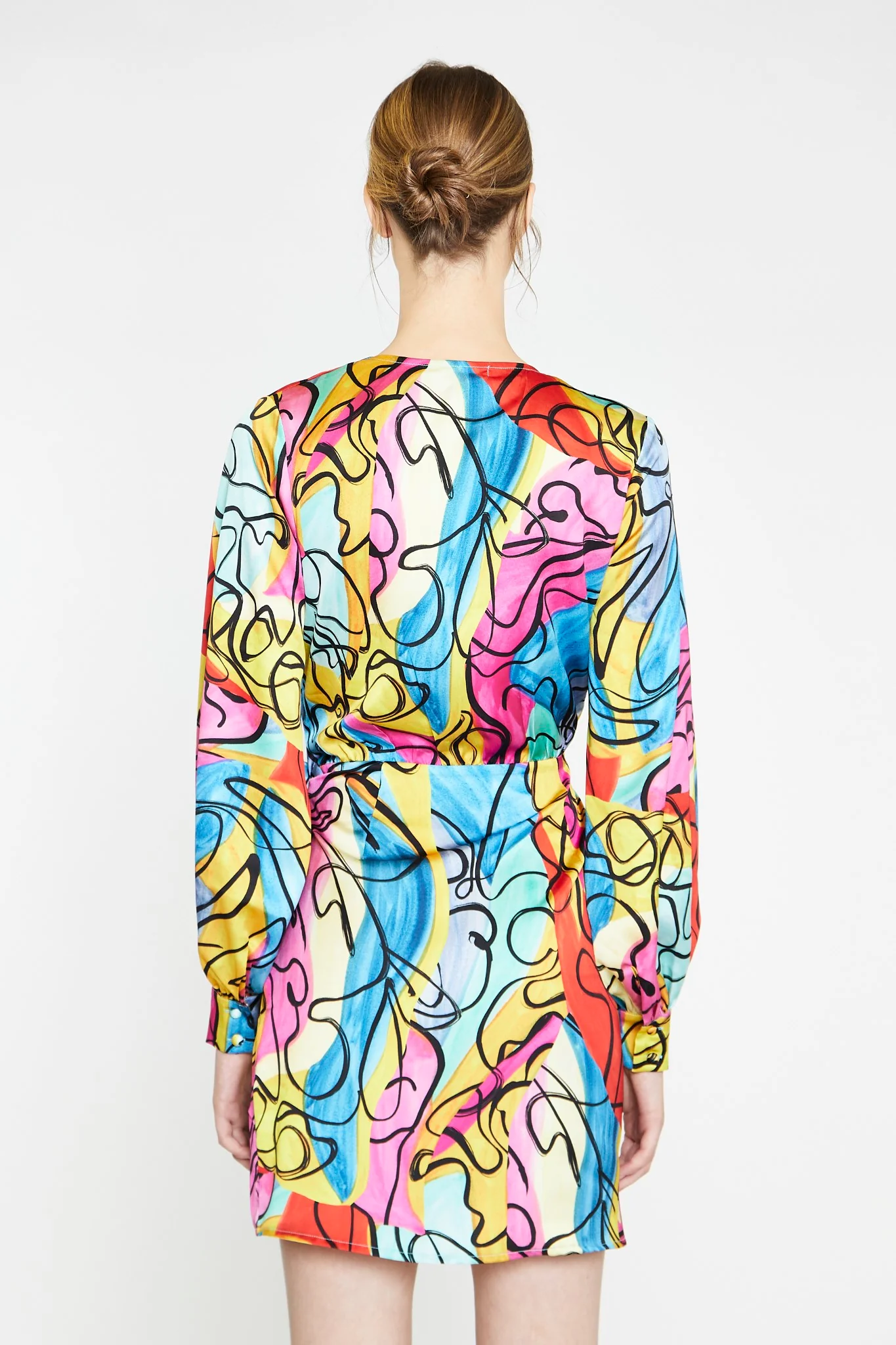Multi-Abstract Scribble Wrap Mini-Dress - Image 4