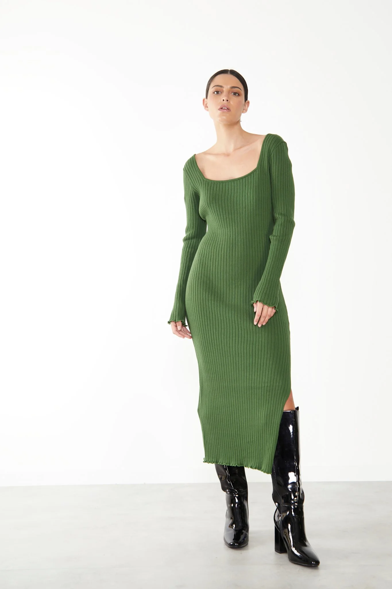 Glamorous Care Green Ribbed Long Sleeve Midi Dress - Image 3