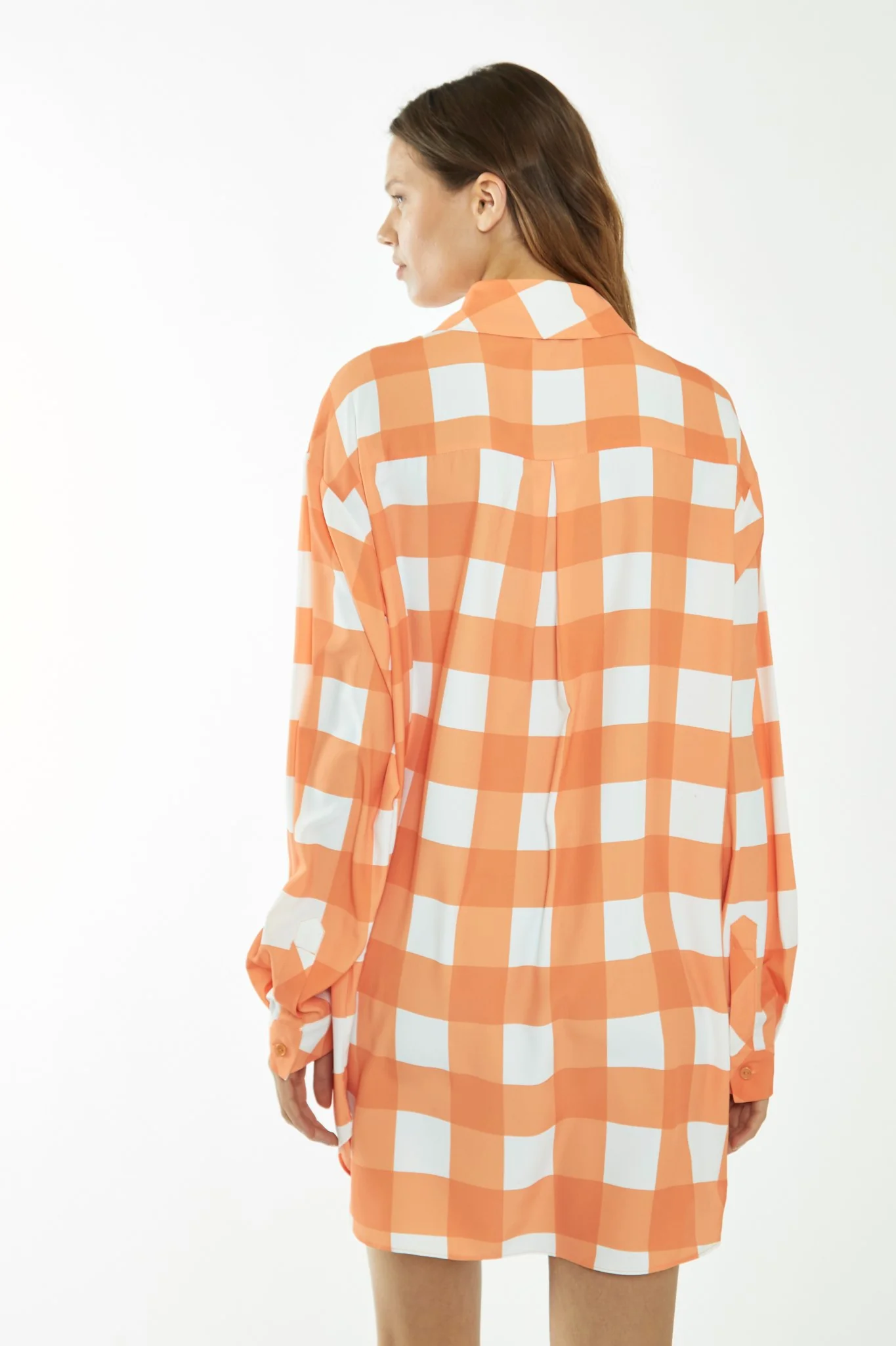 Orange-White Gingham Long-Sleeve Mini Shirt Dress - Image 3