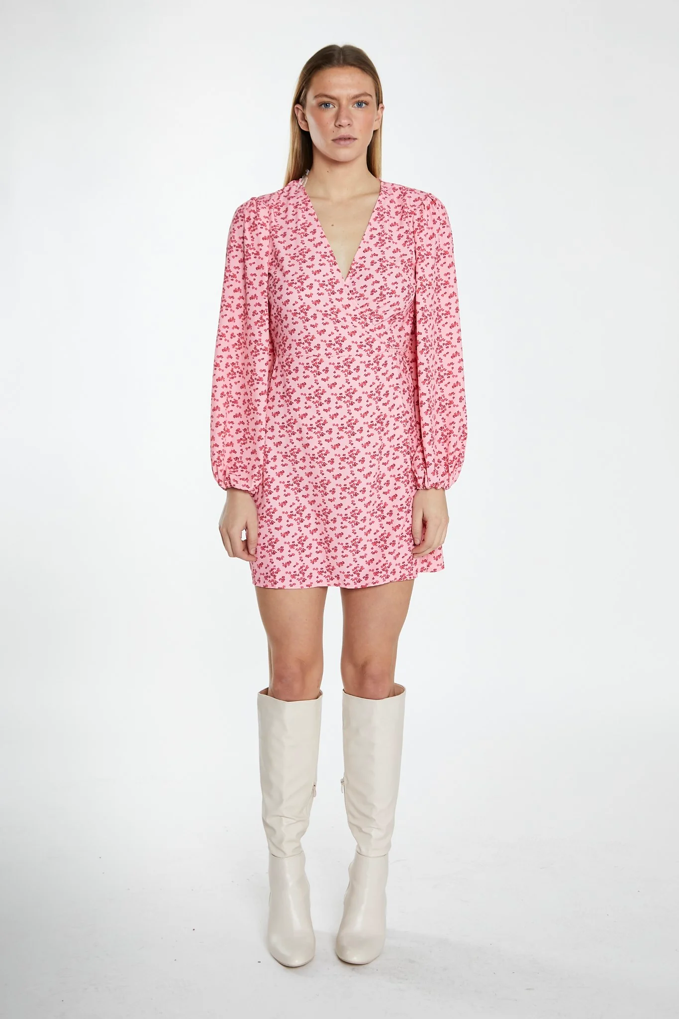 Raspberry Ditsy V-Neck Wrap Mini Dress