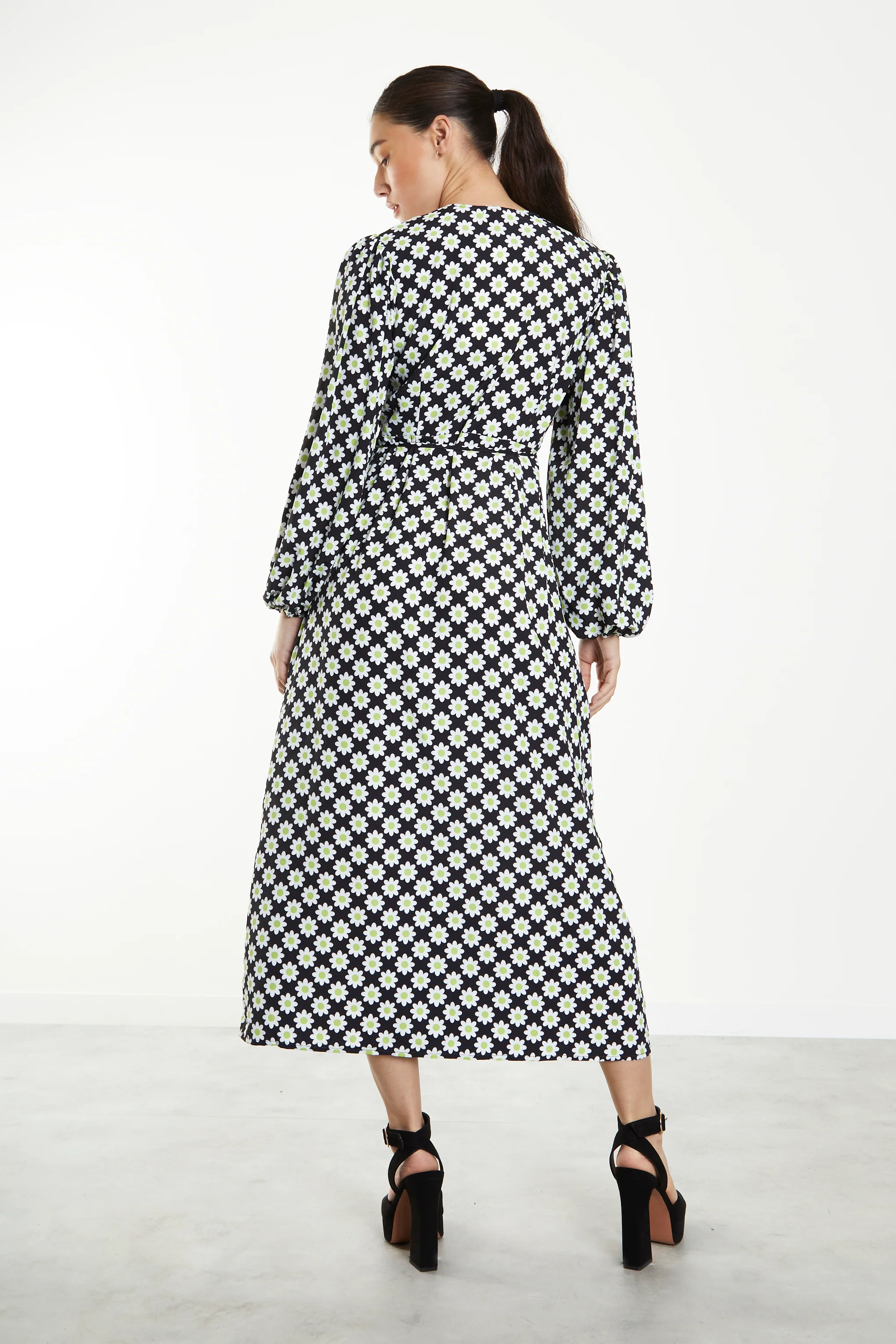 Glamorous Sixties Flower Long Sleeve Wrap Midi Dress - Image 2