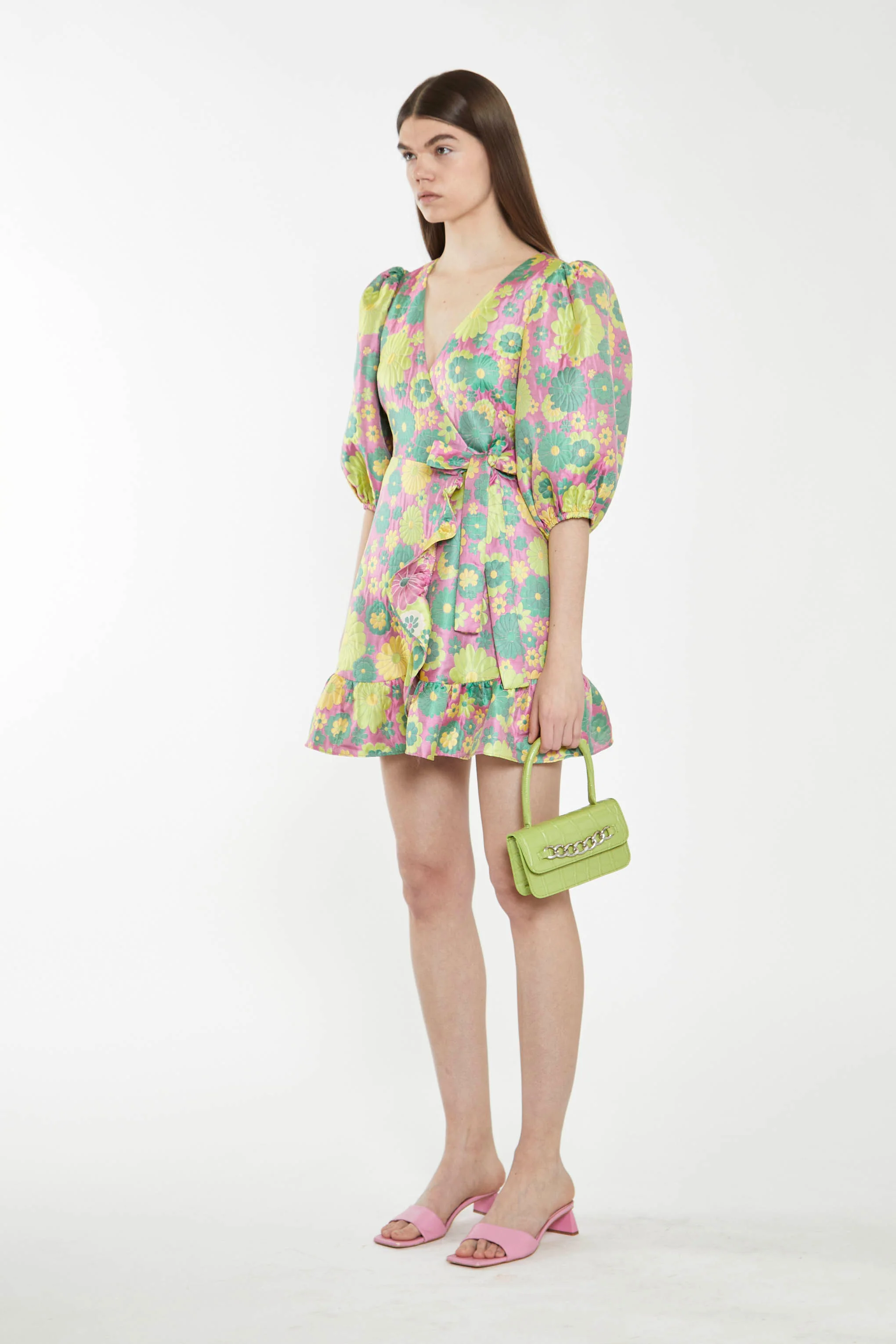 Pink-60s-Flower-Jacquard Wrap Mini Dress - Image 3