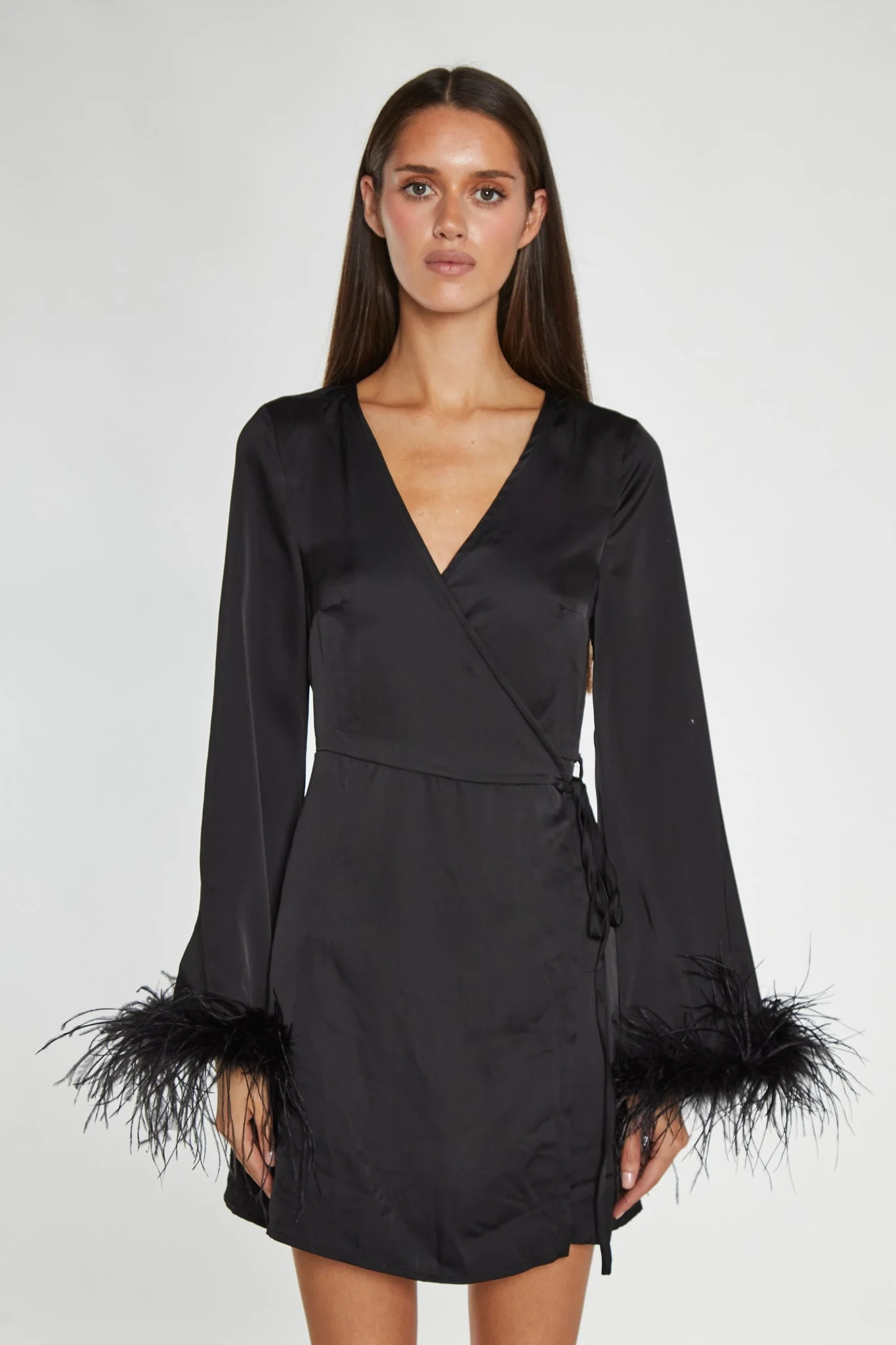 Black-Satin Feather Trim Wrap Mini-Dress - Image 2