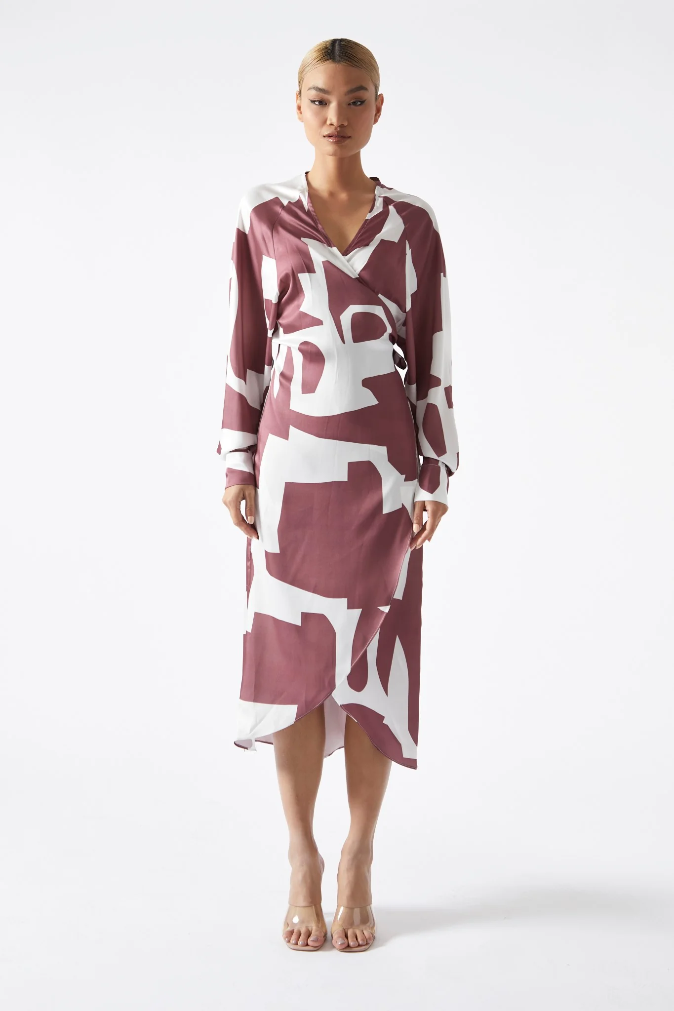 Dark-Rose Abstract Wrap Midi-Dress - Image 2