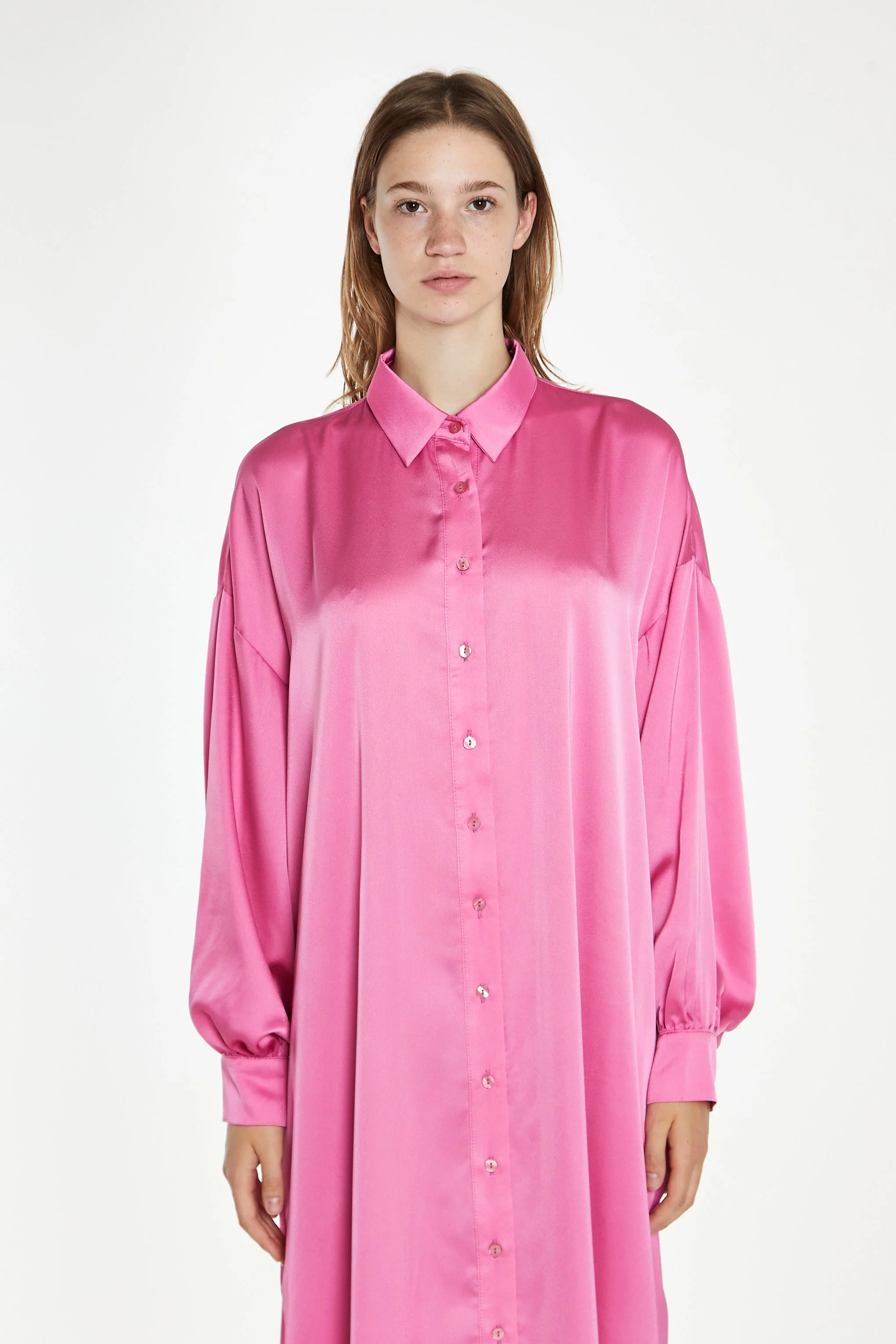 Pink Satin Oversized Maxi Shirt Dress - Image 2