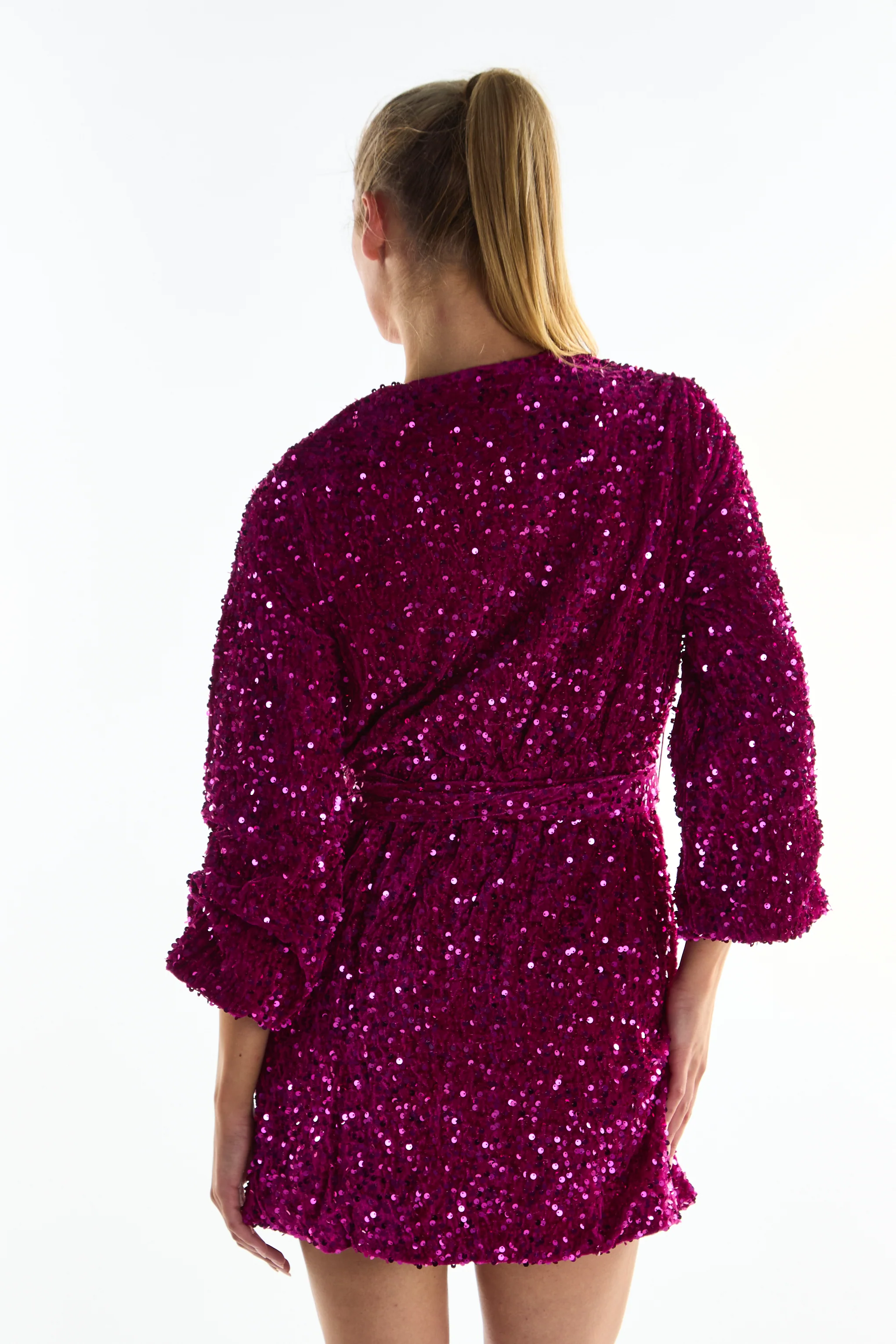 Cerise Velvet-Sequin Tie-Waist Wrap Mini-Dress - Image 5