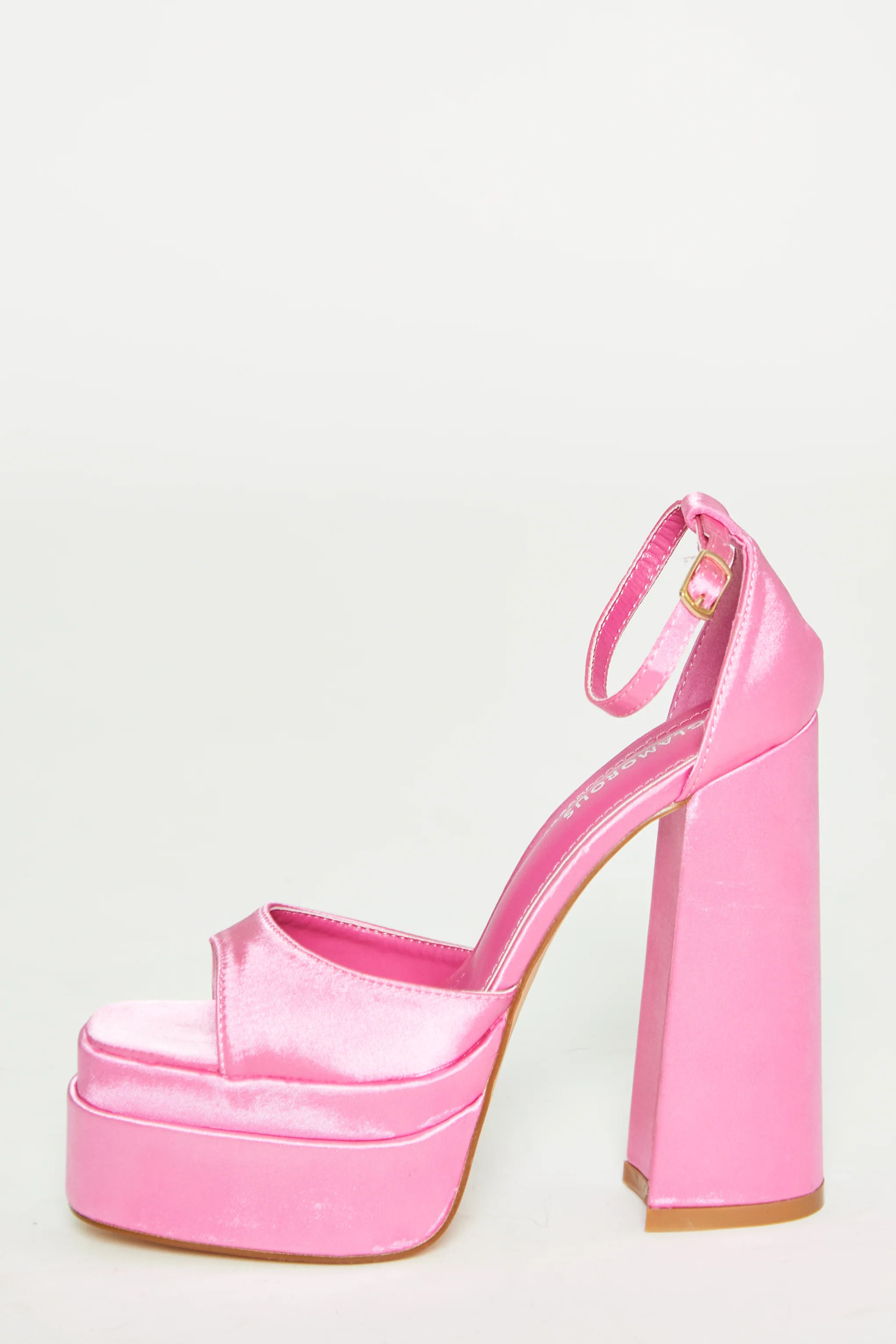 Glamorous Pink Satin Open Toe Platform Heels - Image 3