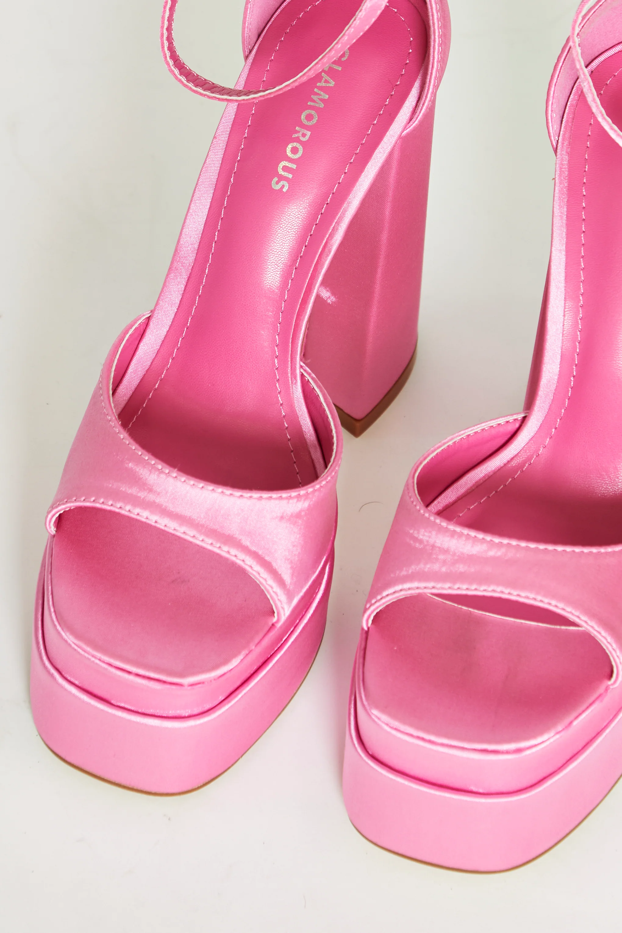 Glamorous Pink Satin Open Toe Platform Heels - Image 5