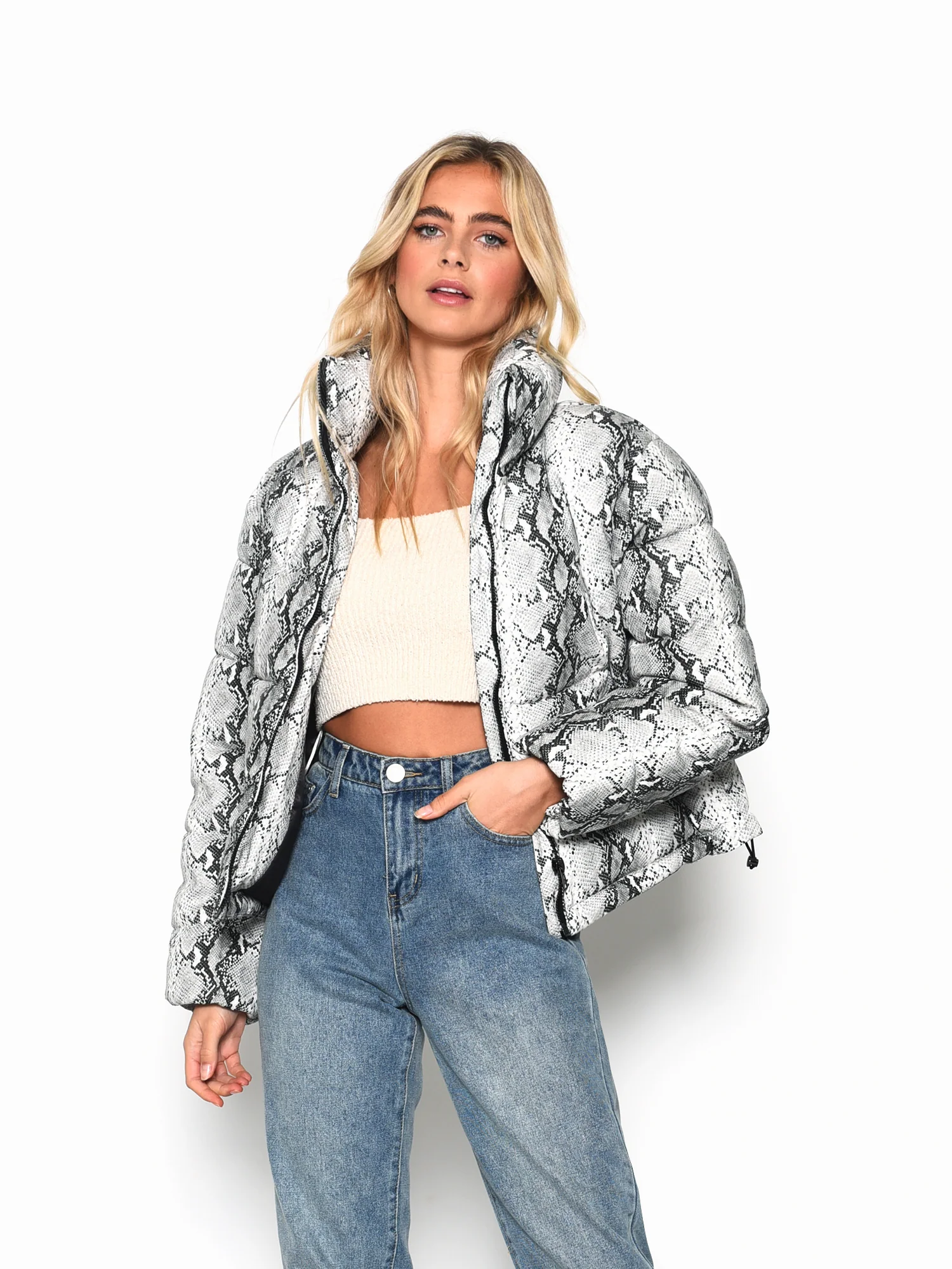 Glamorous Snakeskin Pattern PU Puffer Coat - Image 3