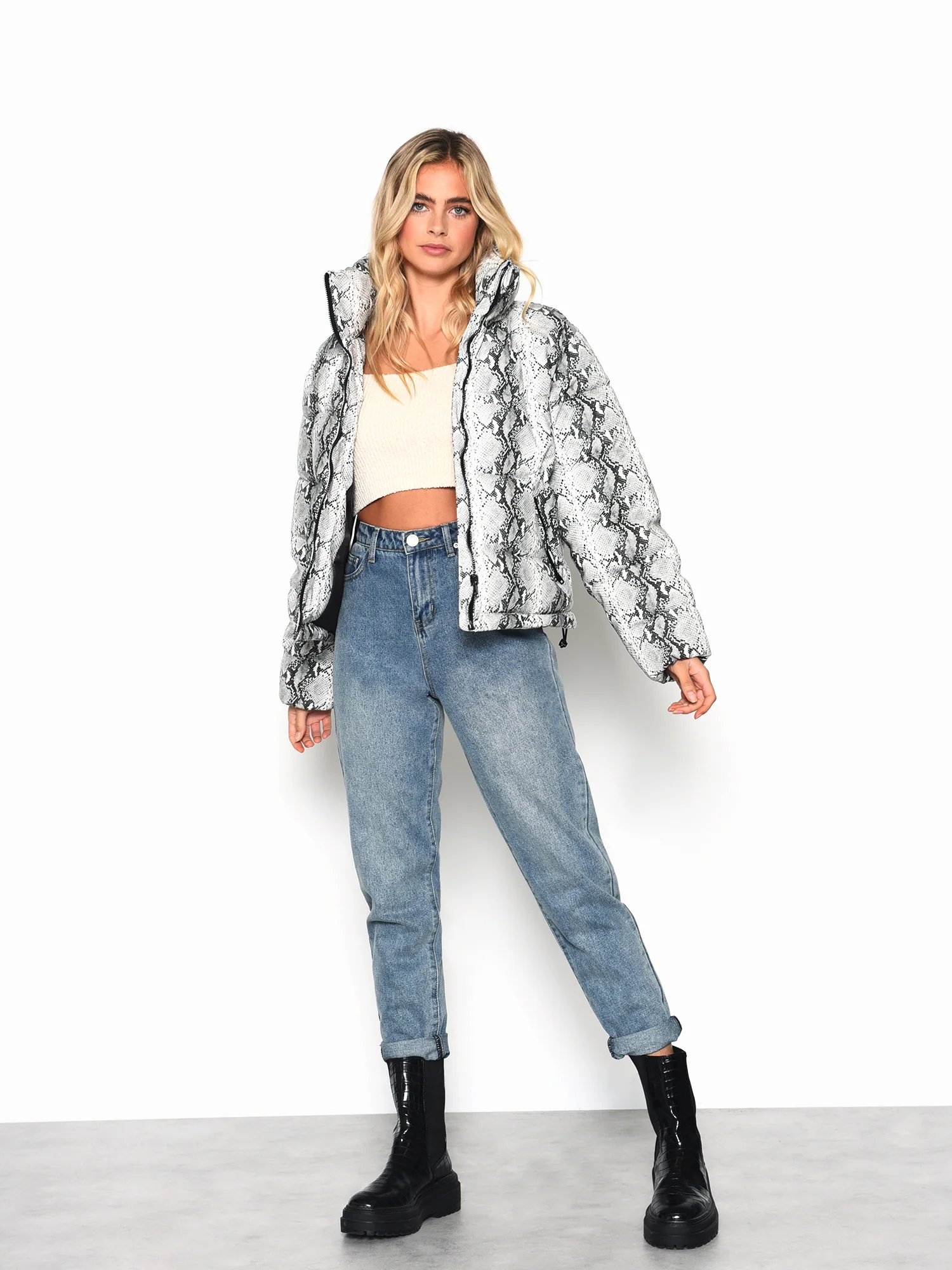 Glamorous Snakeskin Pattern PU Puffer Coat - Image 4