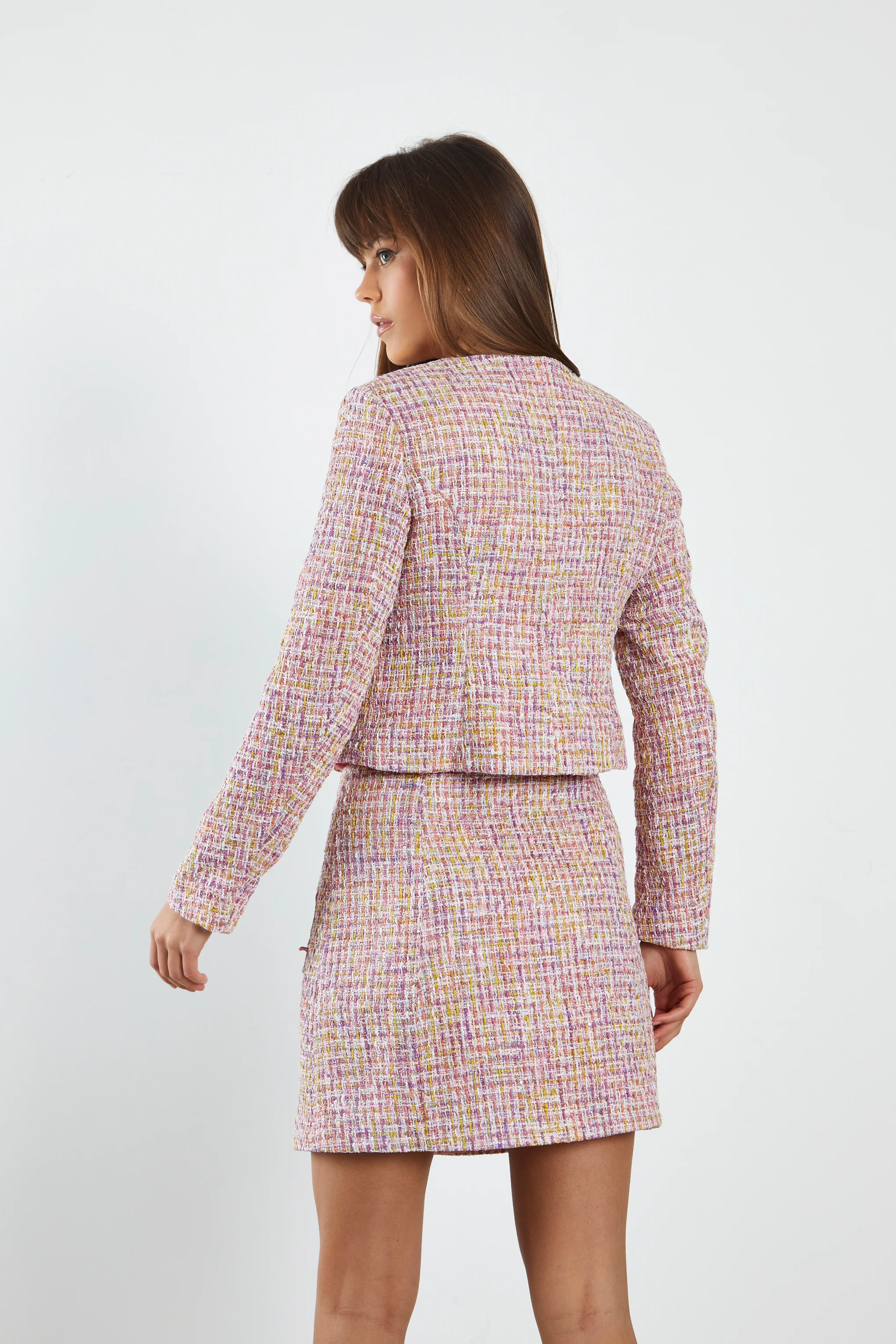 Glamorous Pink Multi Tweed White Jacket with Contrast Trim Pockets - Image 2