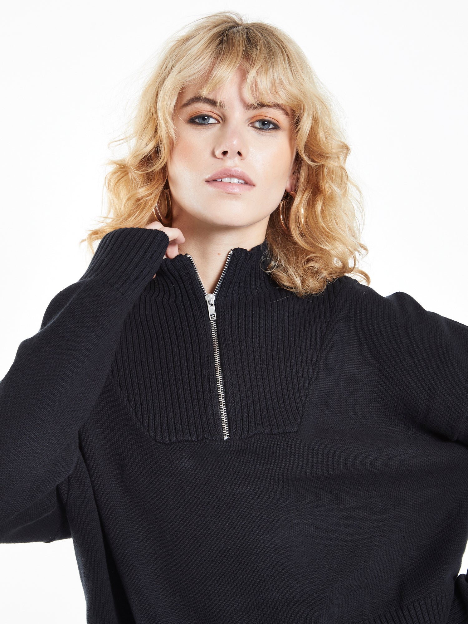 Glamorous Black Quarter Zip Knit Ribbed Long Sleeve Jumper - Image 2