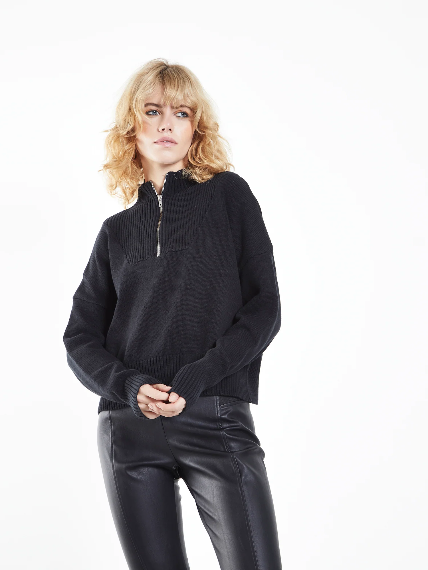 Glamorous Black Quarter Zip Knit Ribbed Long Sleeve Jumper - Image 3