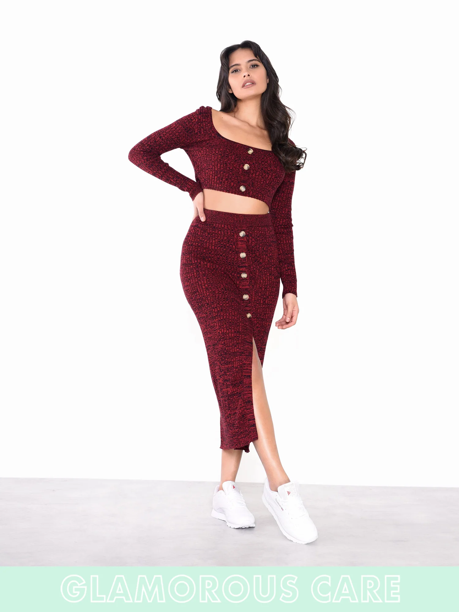 Glamorous Care Plum Melange Front Split Button Front Midi Skirt - Image 4