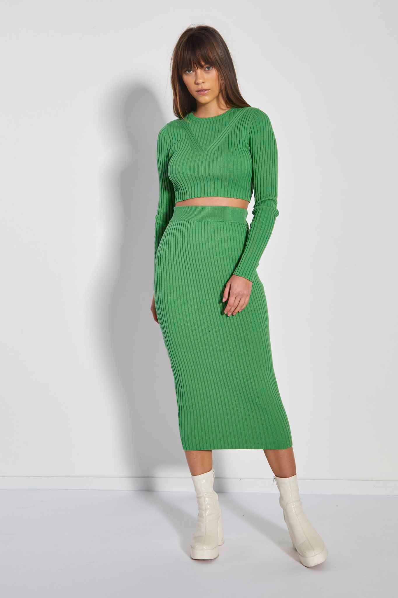 Glamorous Care Apple Green Rib Knit Long Sleeve Crop Top - Image 3