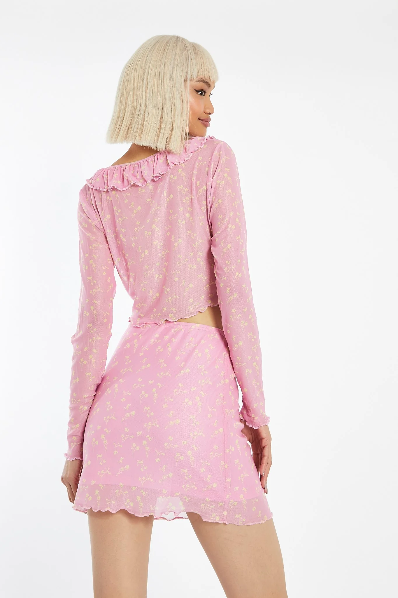 Candy-Pink Floral Mesh Ruffle Tie Front Crop-Top - Image 2