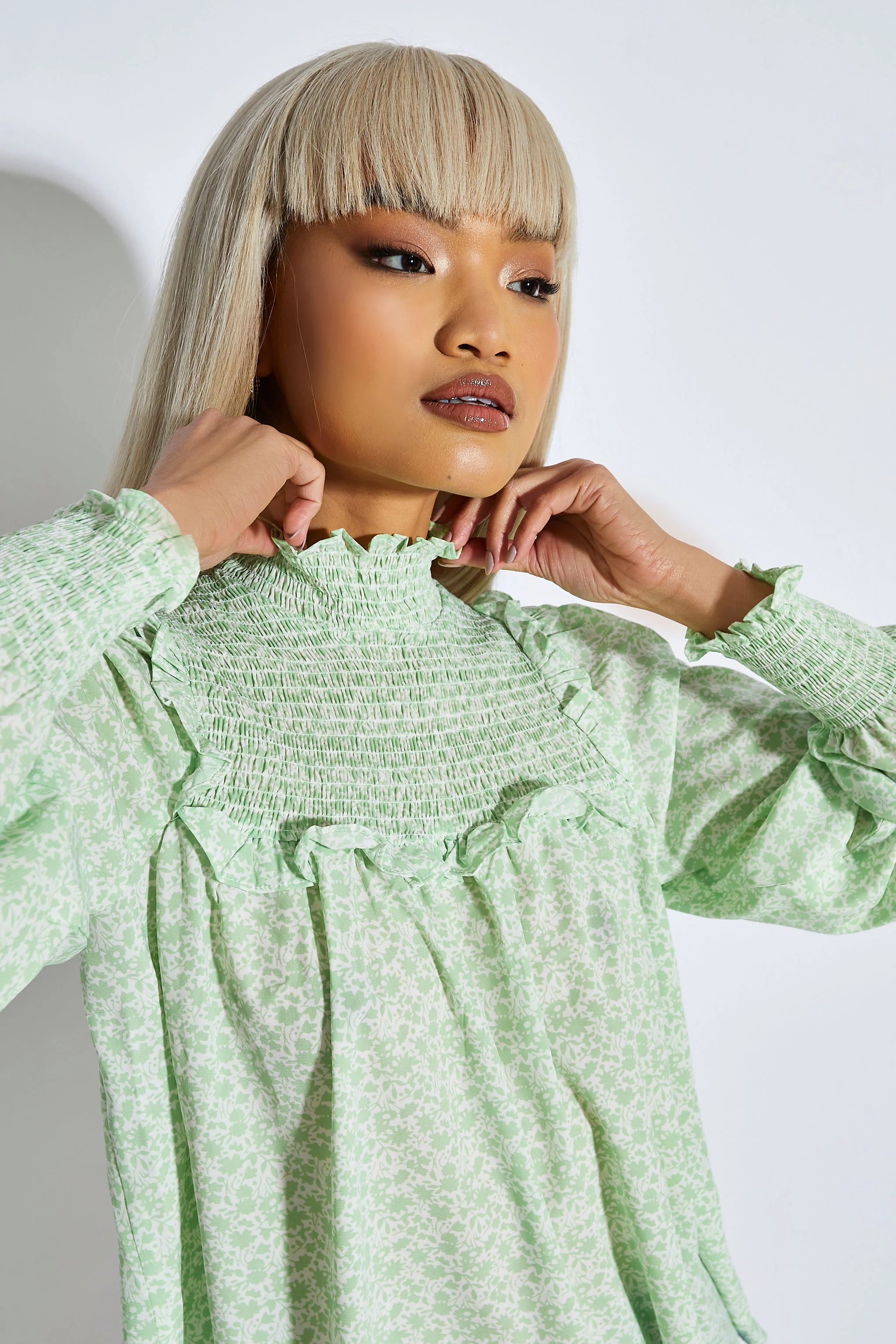 White Mint Ditsy High Neck Blouse - Image 4