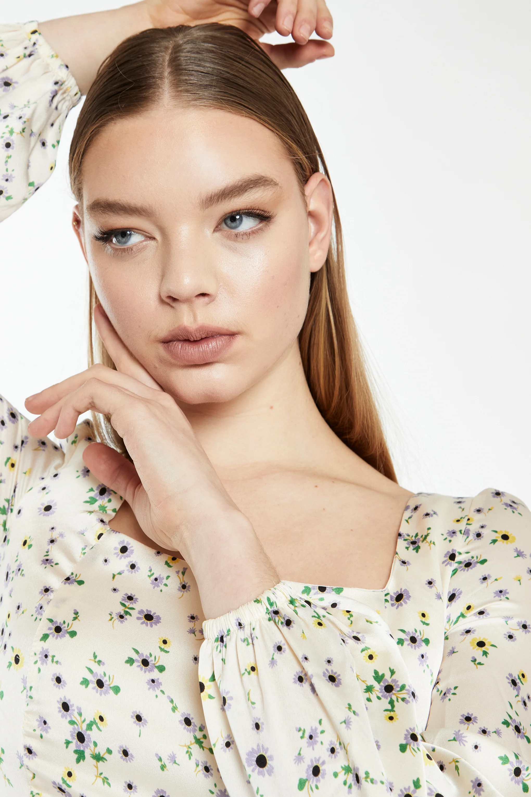 Glamorous Cream Lilac Floral Square Neck Top with Long Sleeves - Image 3