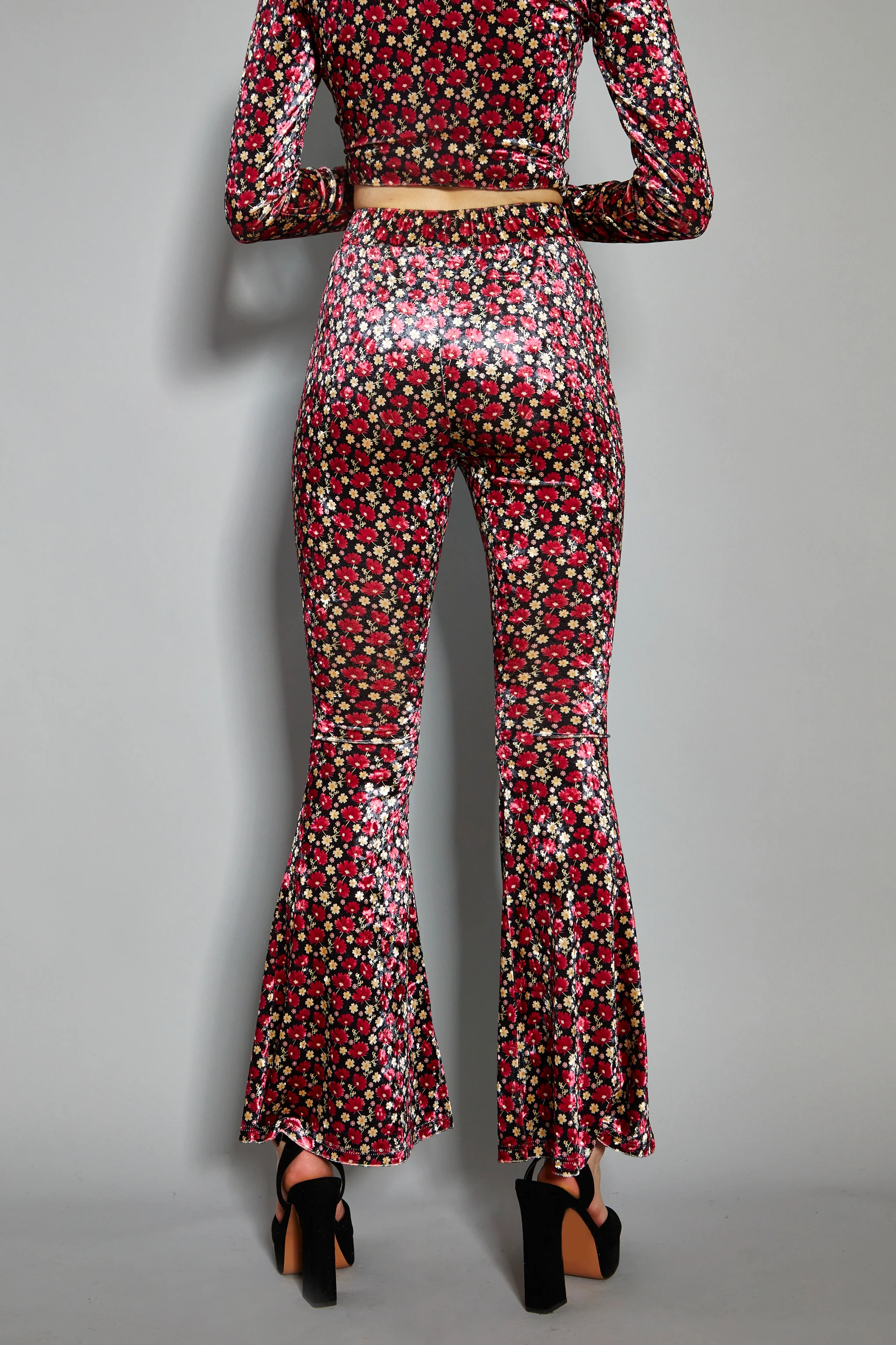 Glamorous Floral Print Velvet High Waisted Flared Trousers - Image 2