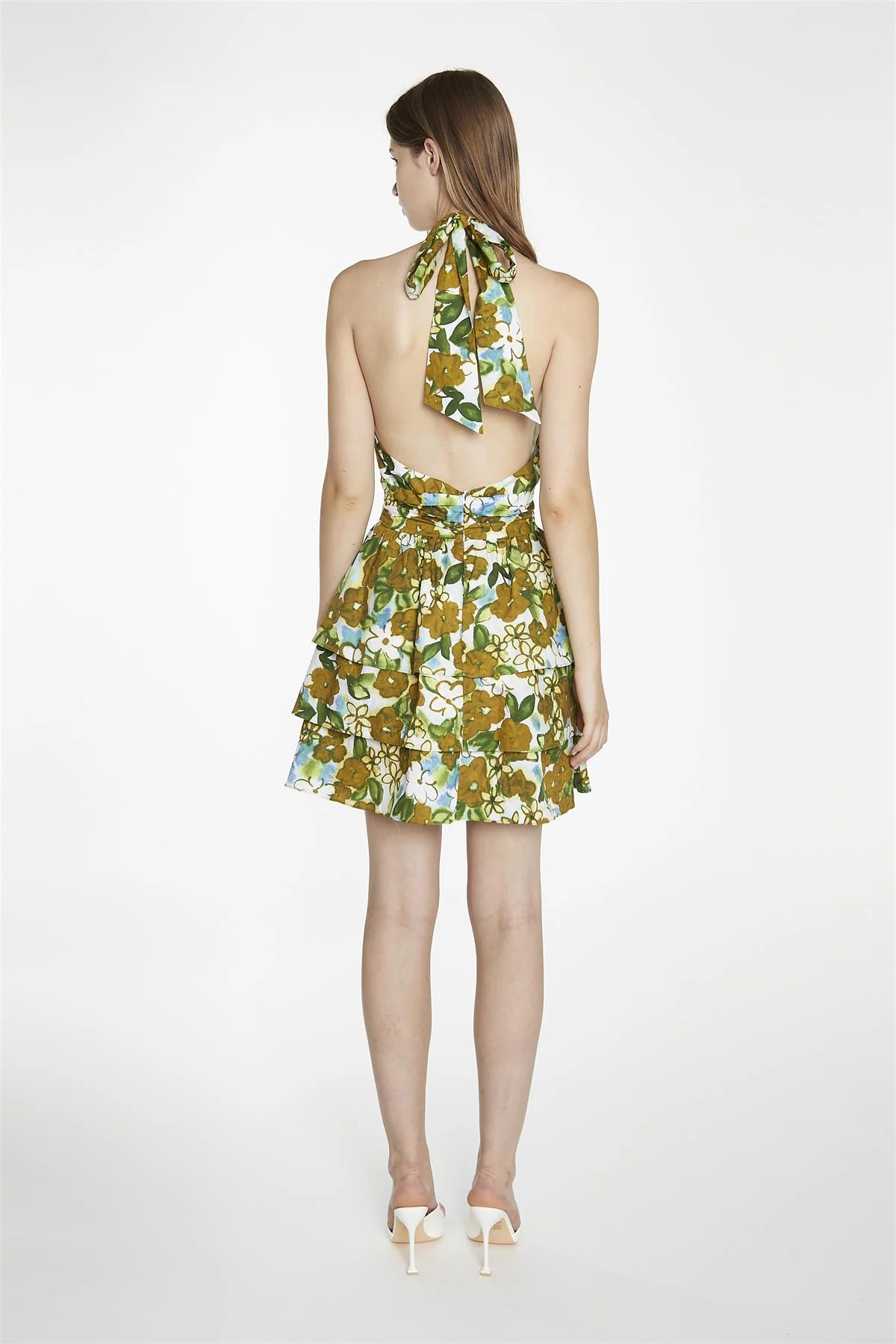 Large-Brown-Green-Floral Crossover-Halter-Neck-Rara- Mini-Dress - Image 2