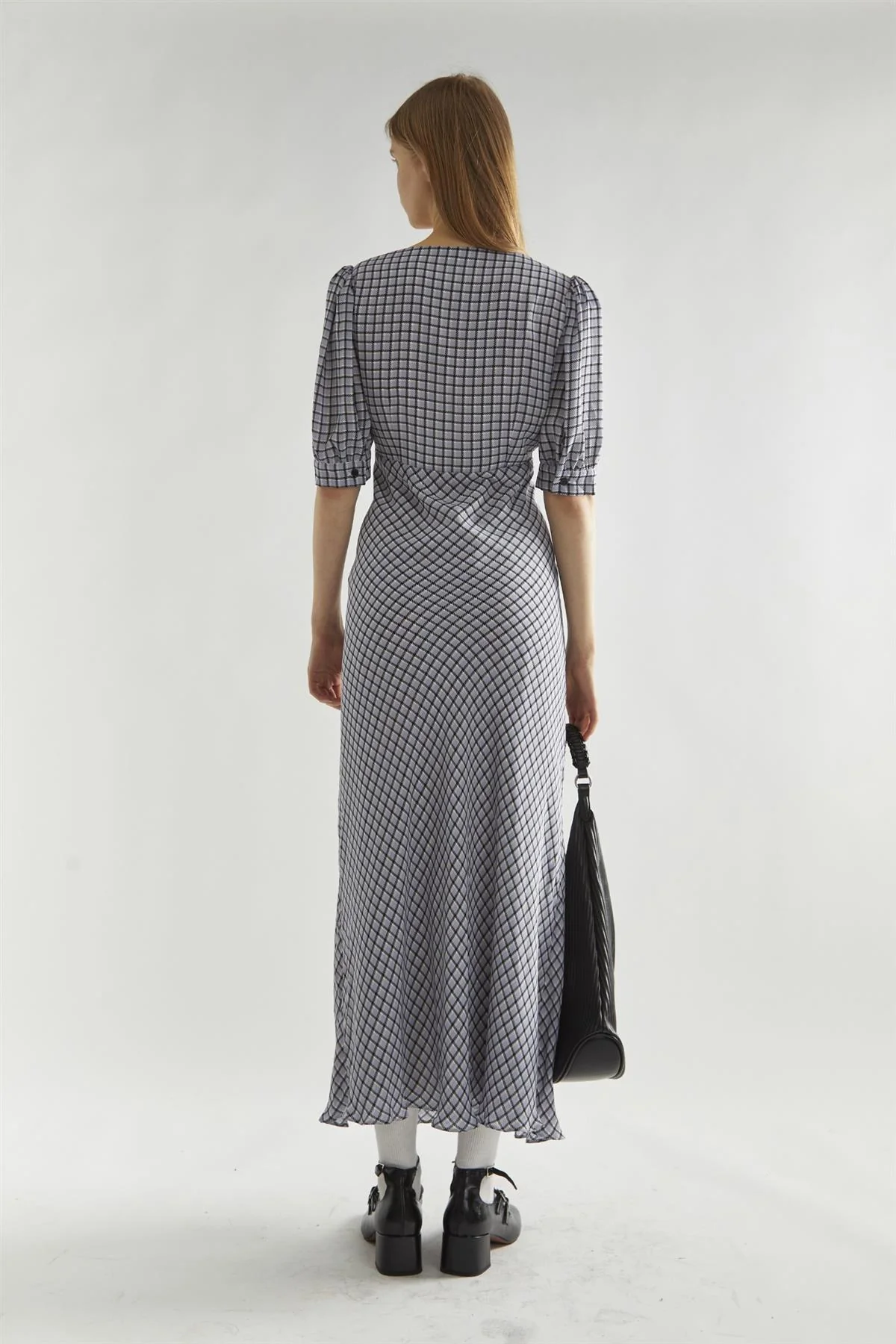 Light-Blue Check V-Neck Midi Tea-Dress - Image 2
