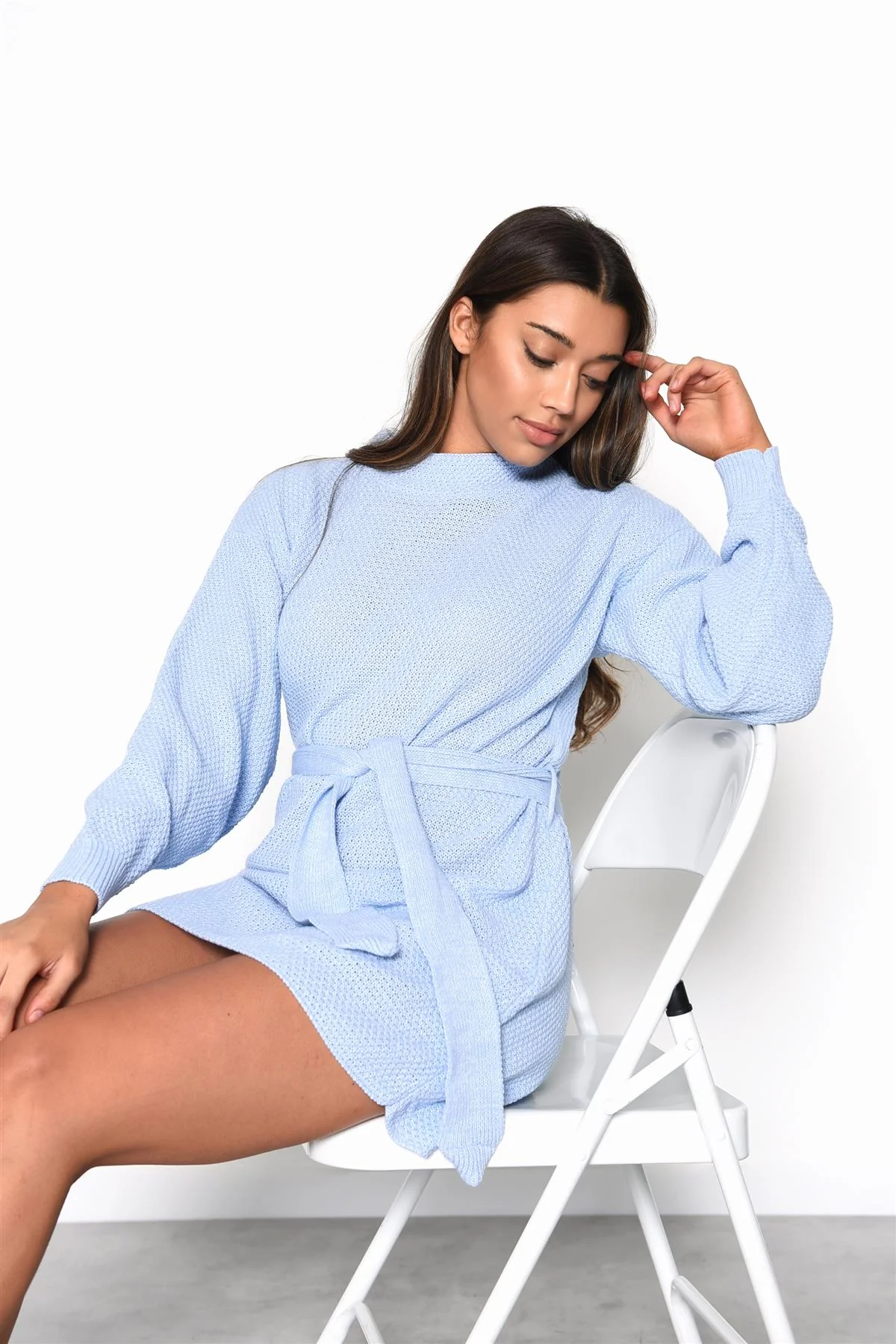 Light Blue Long Sleeve Tie-Waist Mini Dress - Image 3