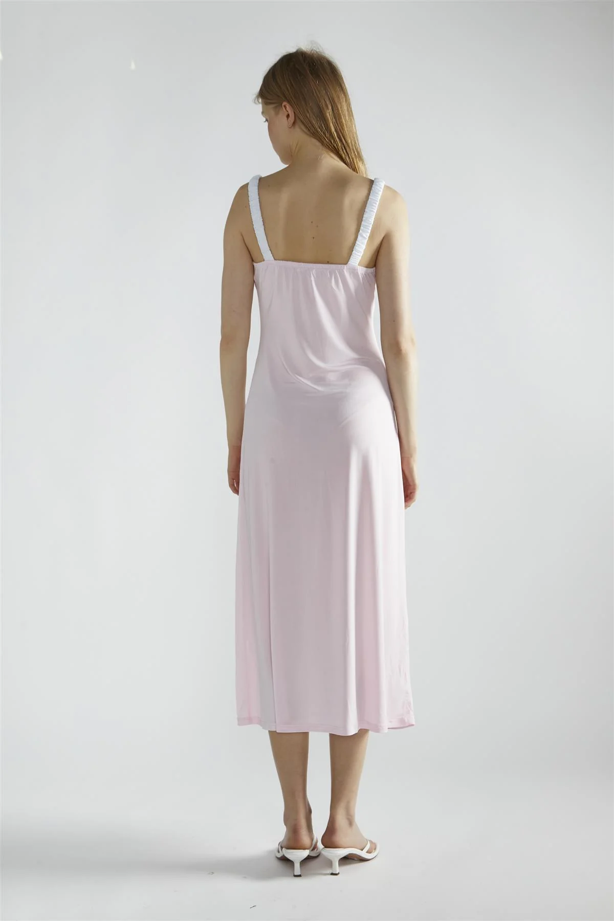 Light-Pink-White V-Neck-Midi-Dresses - Image 2