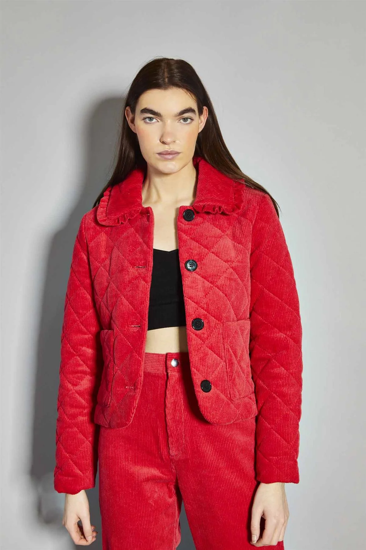 Lollipop-Red Corduroy Collared Padded-Jacket - Image 3