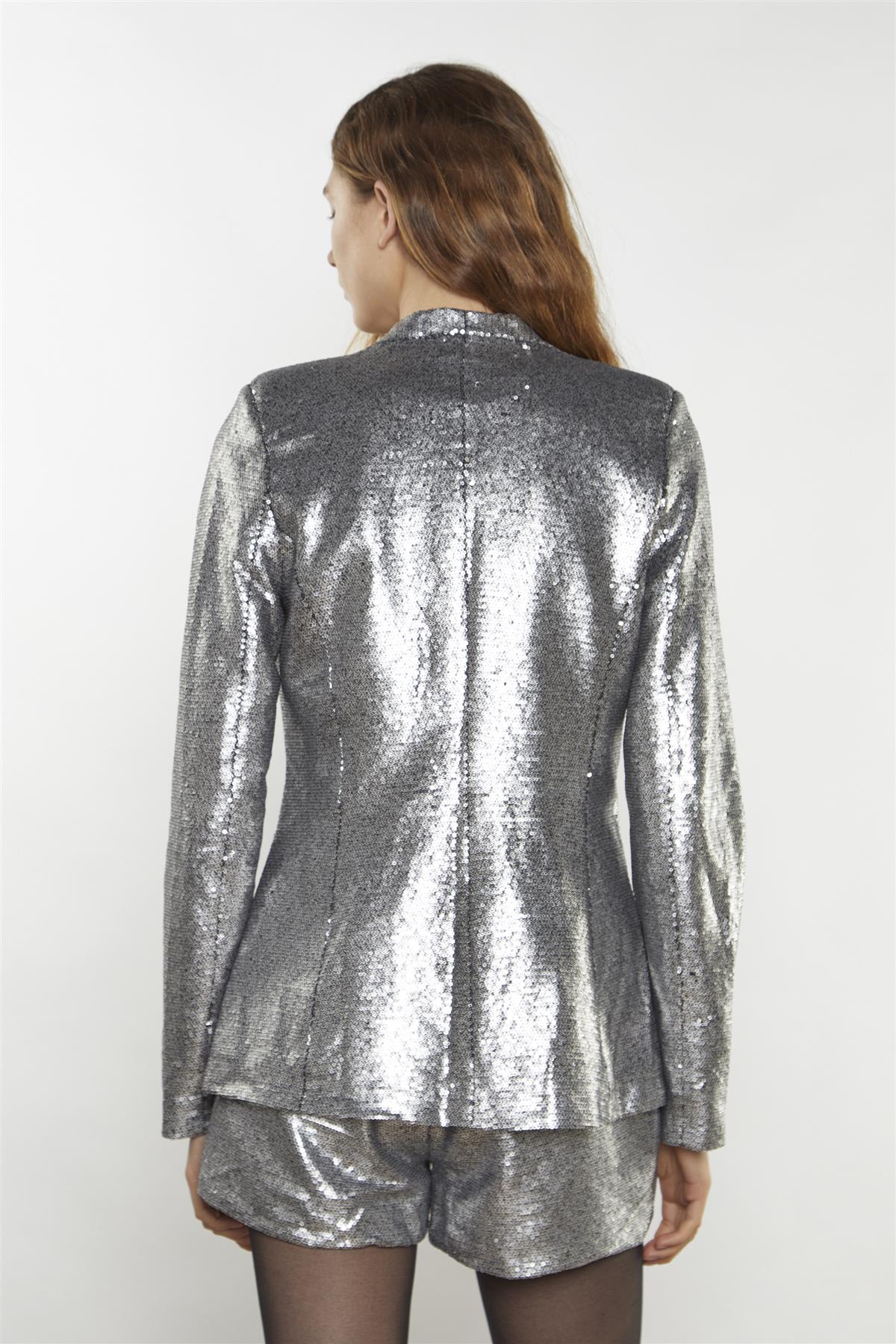 Matt-Silver-Sequin Collarless Blazer - Image 2
