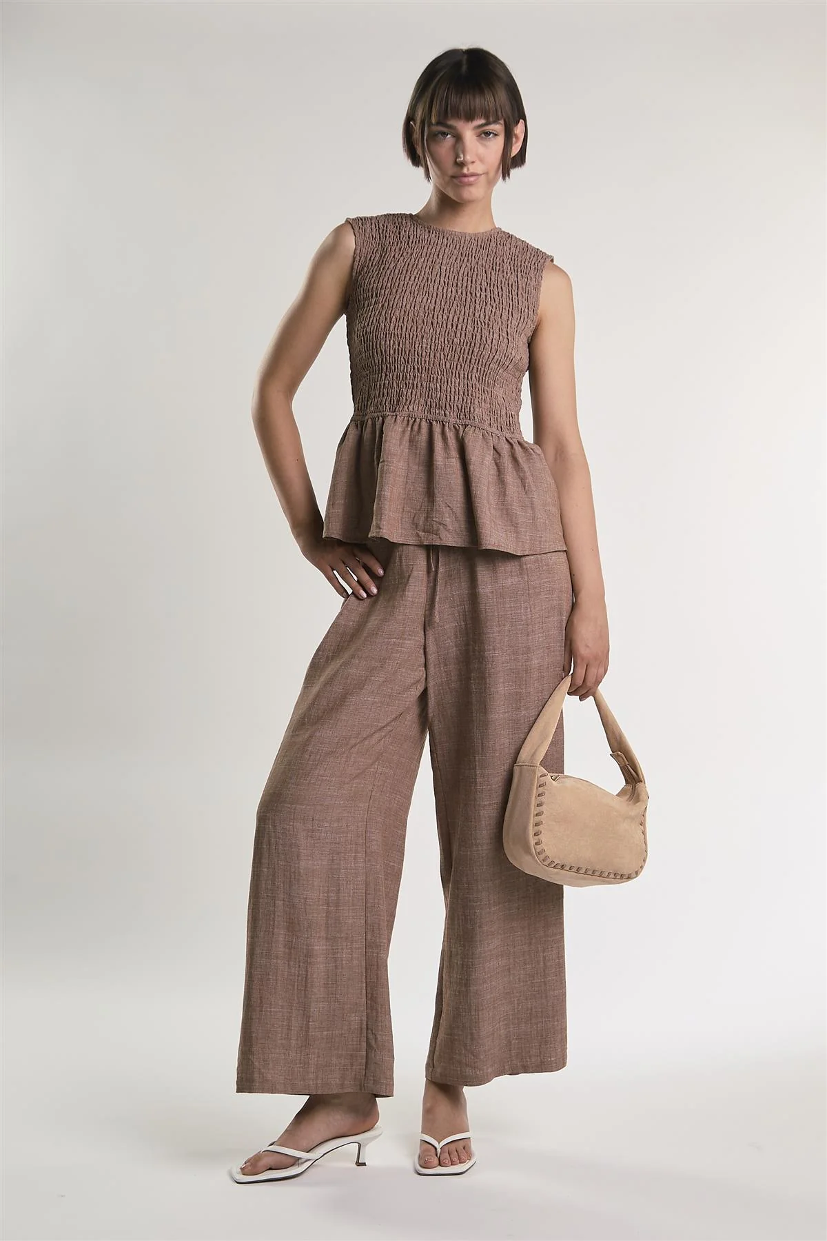Mid Brown Fleck Smocked Peplum Top - Image 4