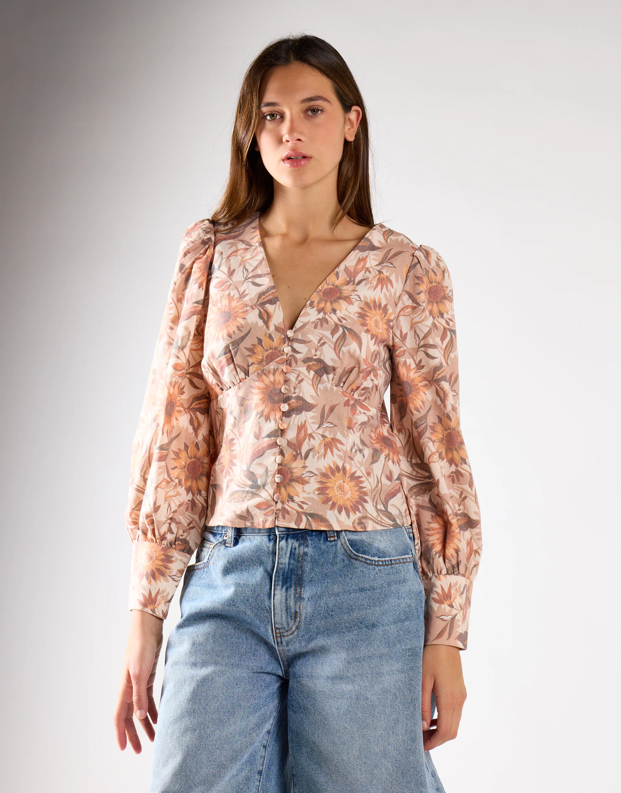 Multi-Sunflower V-Neck Button Up-Top