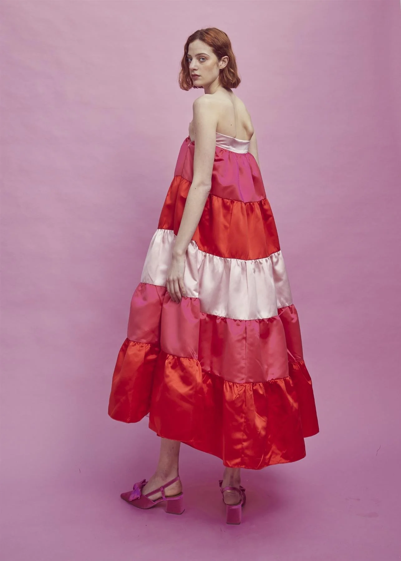 Nancy Gathered Tiered Midi Skirt -Pink-Red - Image 8