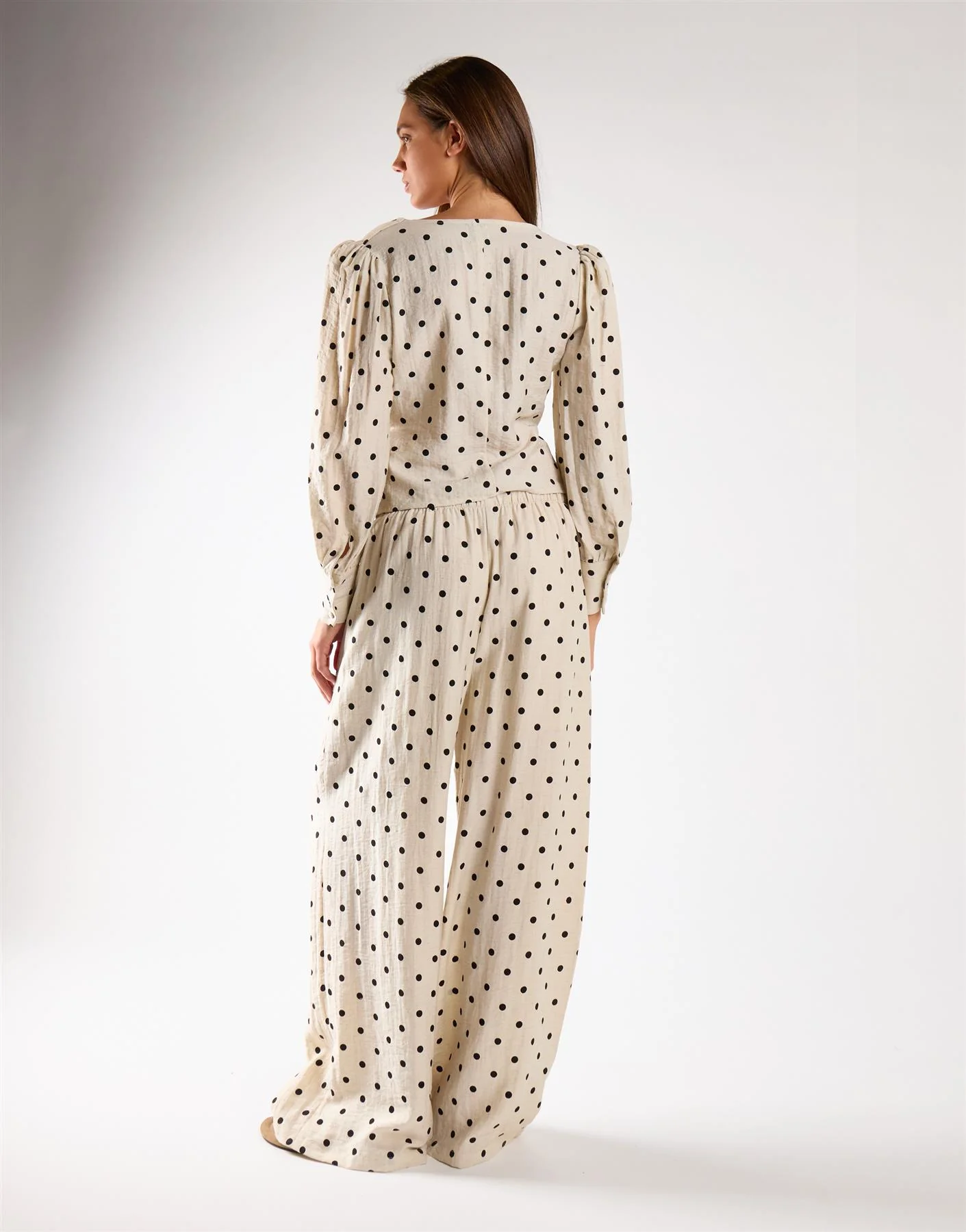Natural Black Spot Wide Leg Tie-Waist Trousers - Image 2