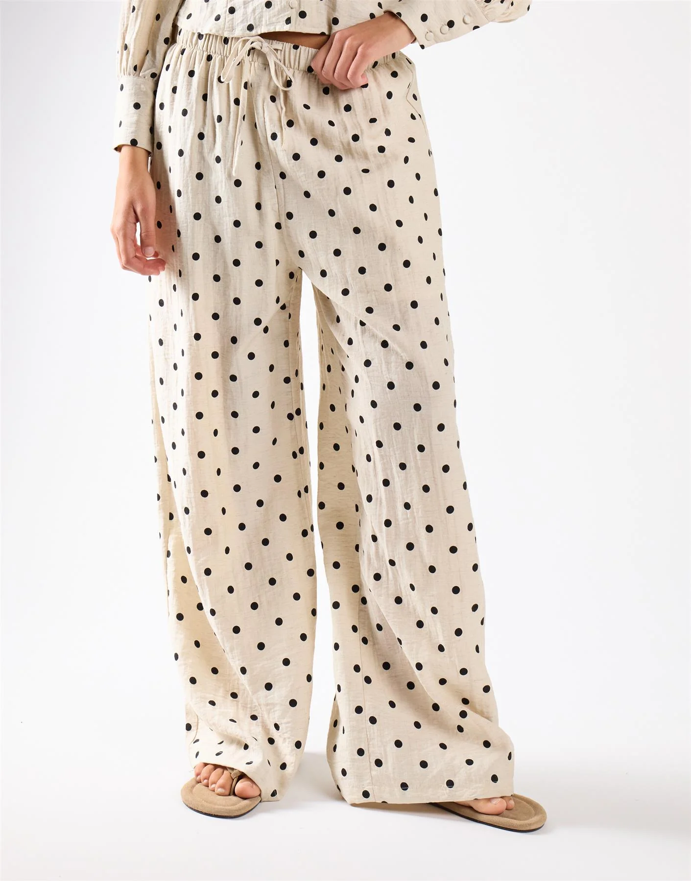 Natural Black Spot Wide Leg Tie-Waist Trousers - Image 3