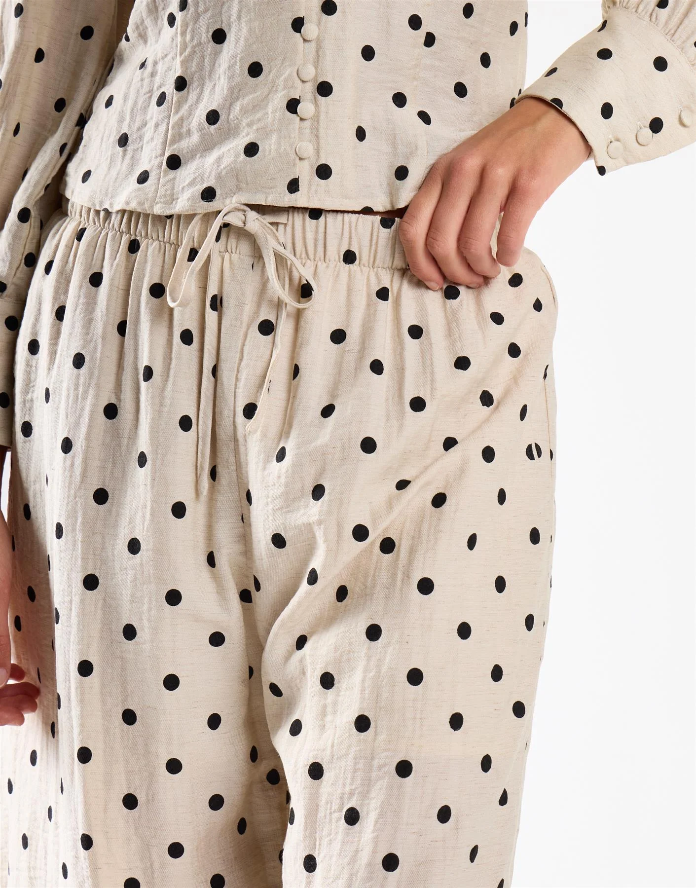 Natural Black Spot Wide Leg Tie-Waist Trousers - Image 4