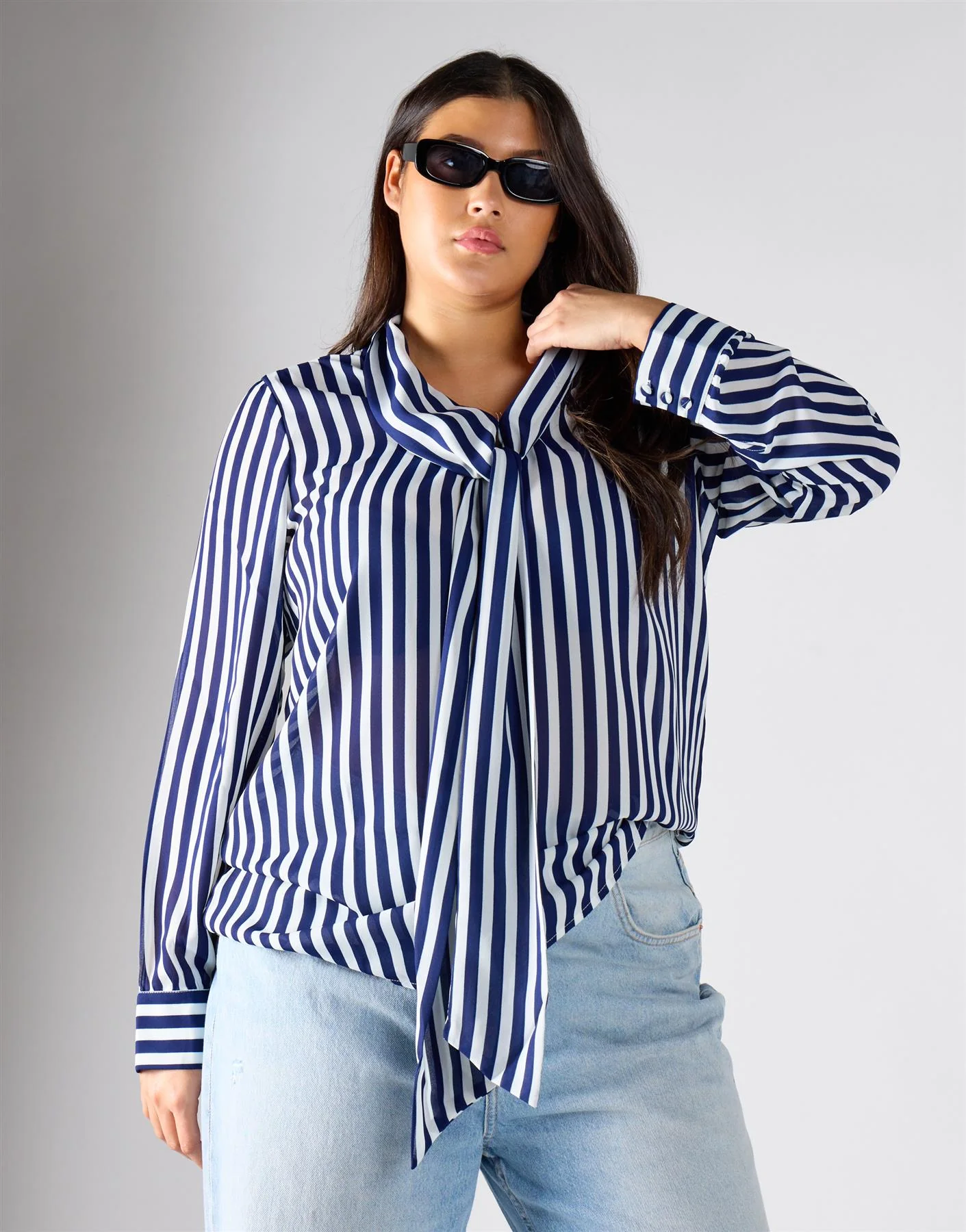 Glamorous Curve Navy Cream Stripe Bow-Collar Blouse