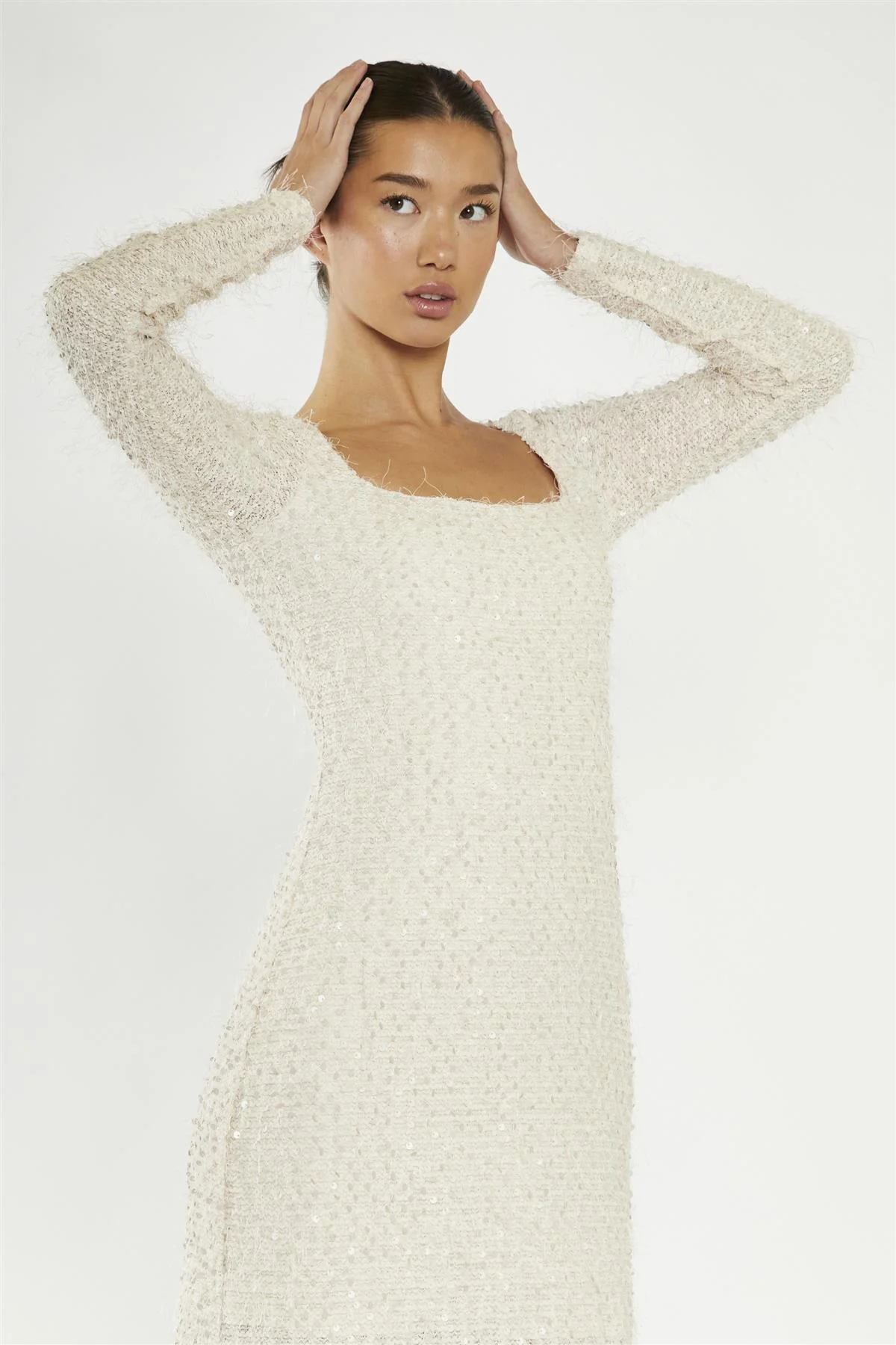 Nude Textured-Sequin Square-Neck Midaxi-Dress - Image 5