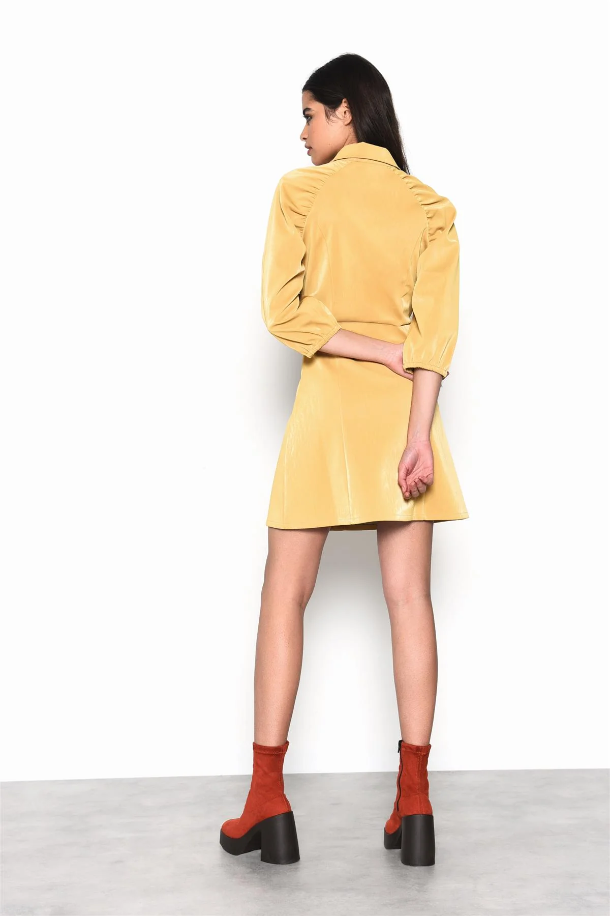Ochre-PU Collared Mini Shirt-Dress - Image 2