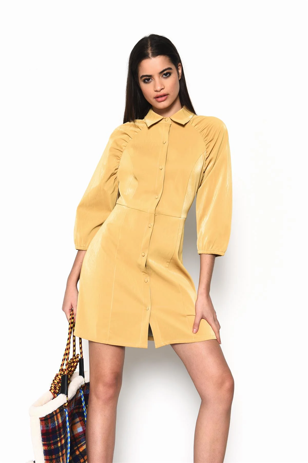 Ochre-PU Collared Mini Shirt-Dress - Image 3