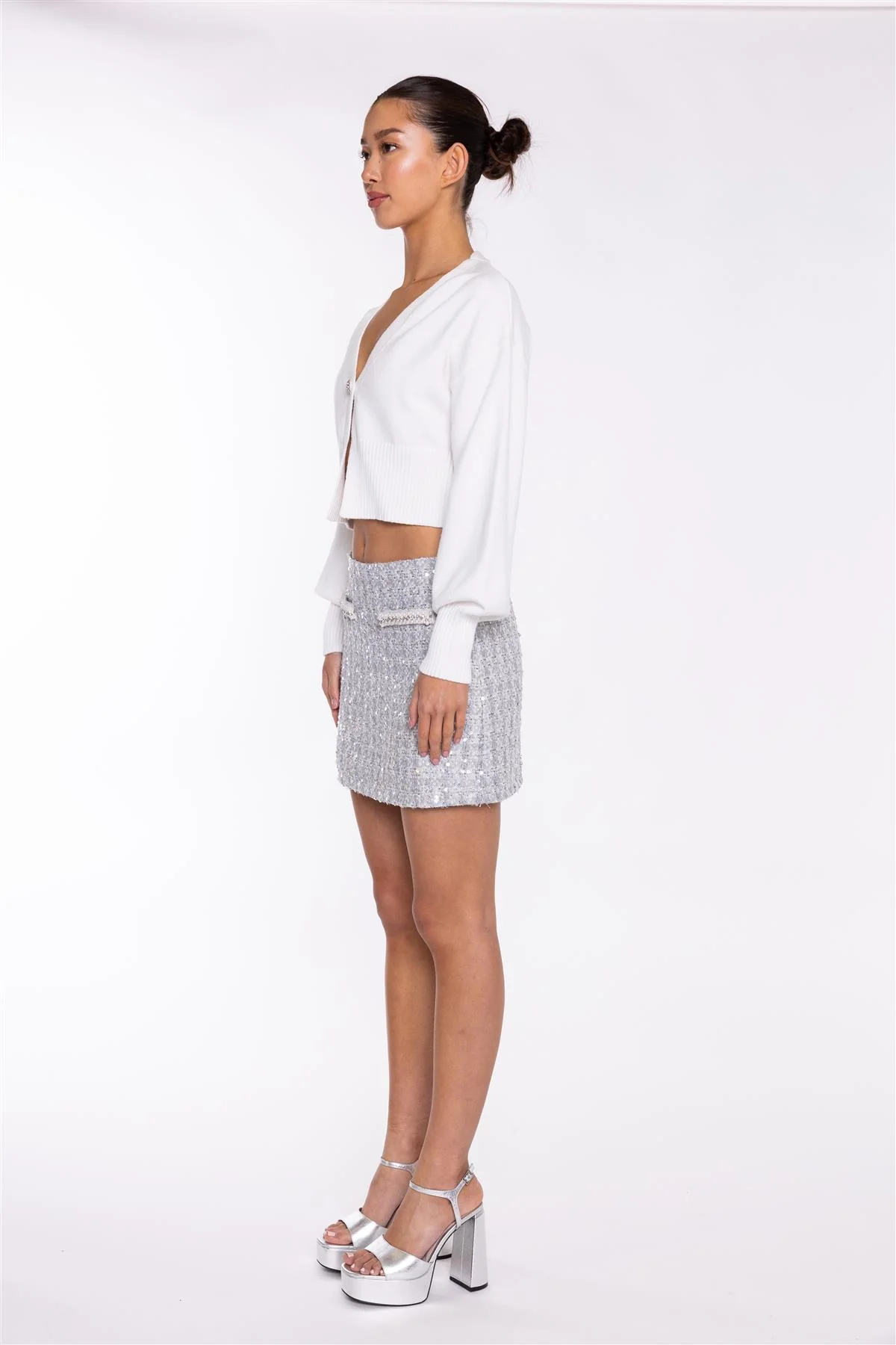 Off White Rhinestone Button Cropped Cardigan - Image 2