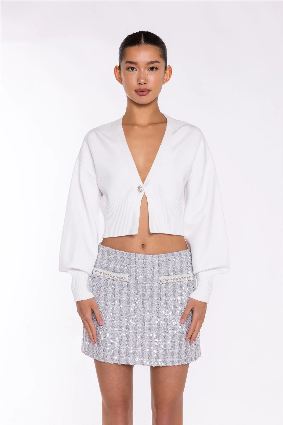 Off White Rhinestone Button Cropped Cardigan - Image 3